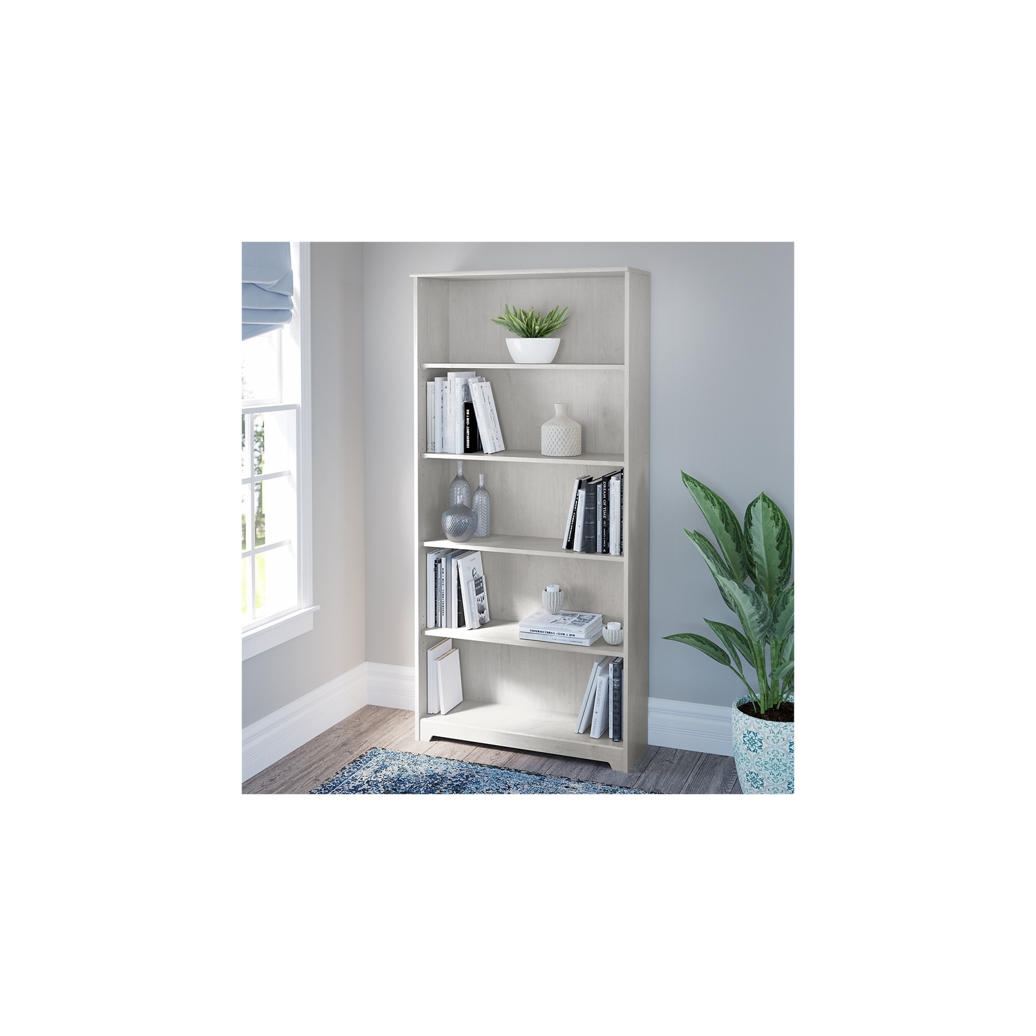 Bowery Hill 5 Shelf Tall Bookcase in Linen White Oak - Engineered Wood