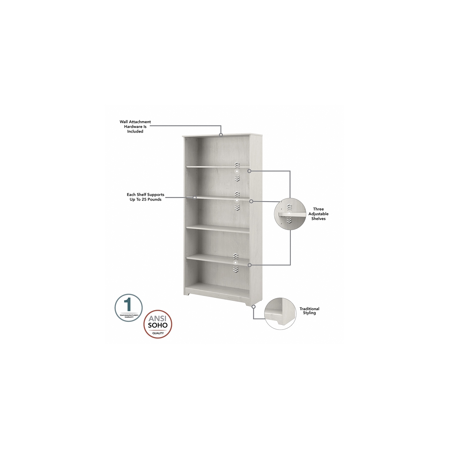 Bowery Hill 5 Shelf Tall Bookcase in Linen White Oak - Engineered Wood