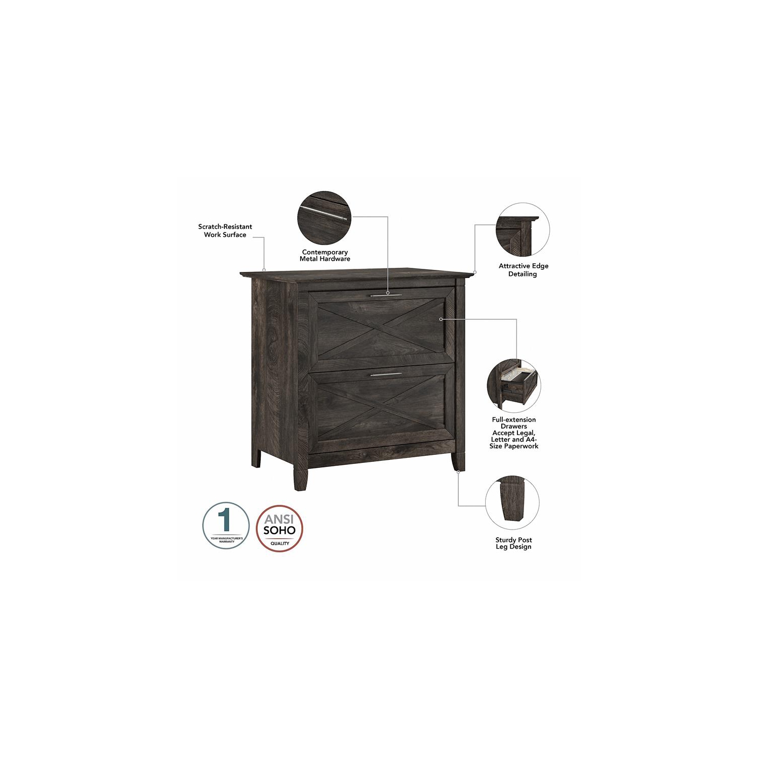 Key West 2 Drawer Lateral File Cabinet in Dark Gray Hickory - Engineered Wood