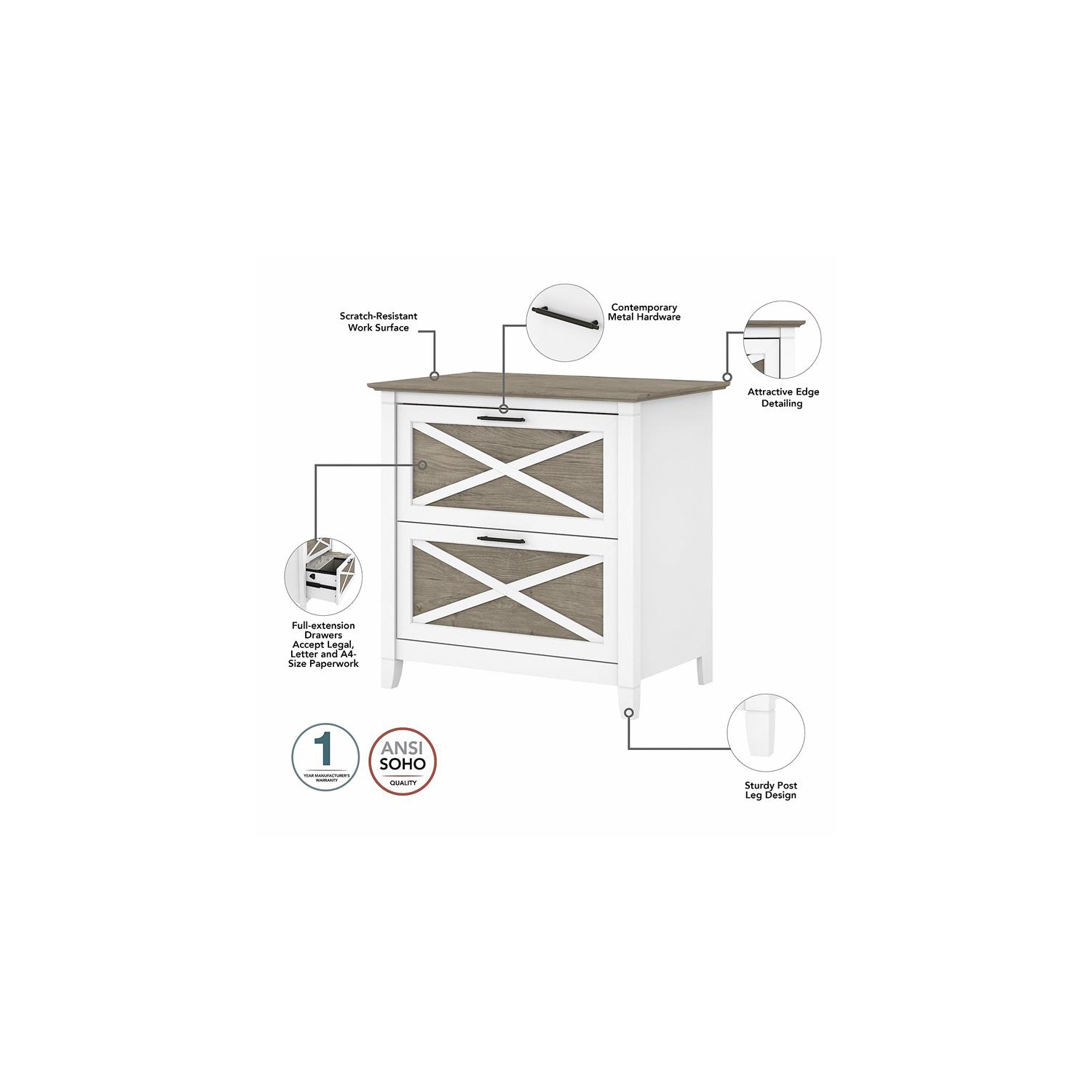 Bush Furniture Key West 2 Drawer File Cabinet in White & Gray