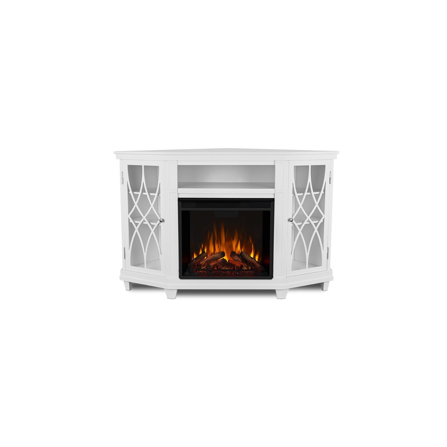 Bowery Hill Modern Solid Wood Corner Fireplace TV Stand in White