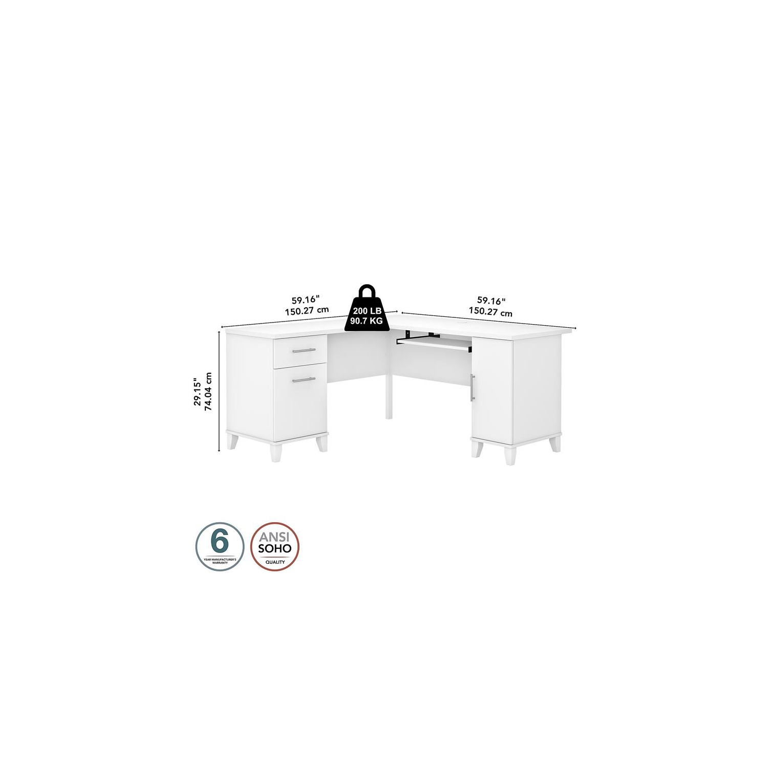 Somerset 60W L Shaped Desk with Storage in White - Engineered Wood