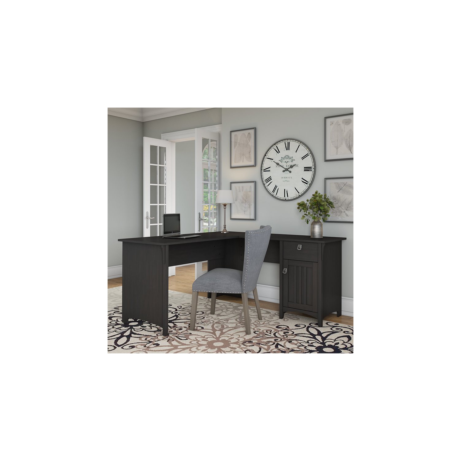 Salinas L Shaped Desk with Storage in Vintage Black - Engineered Wood