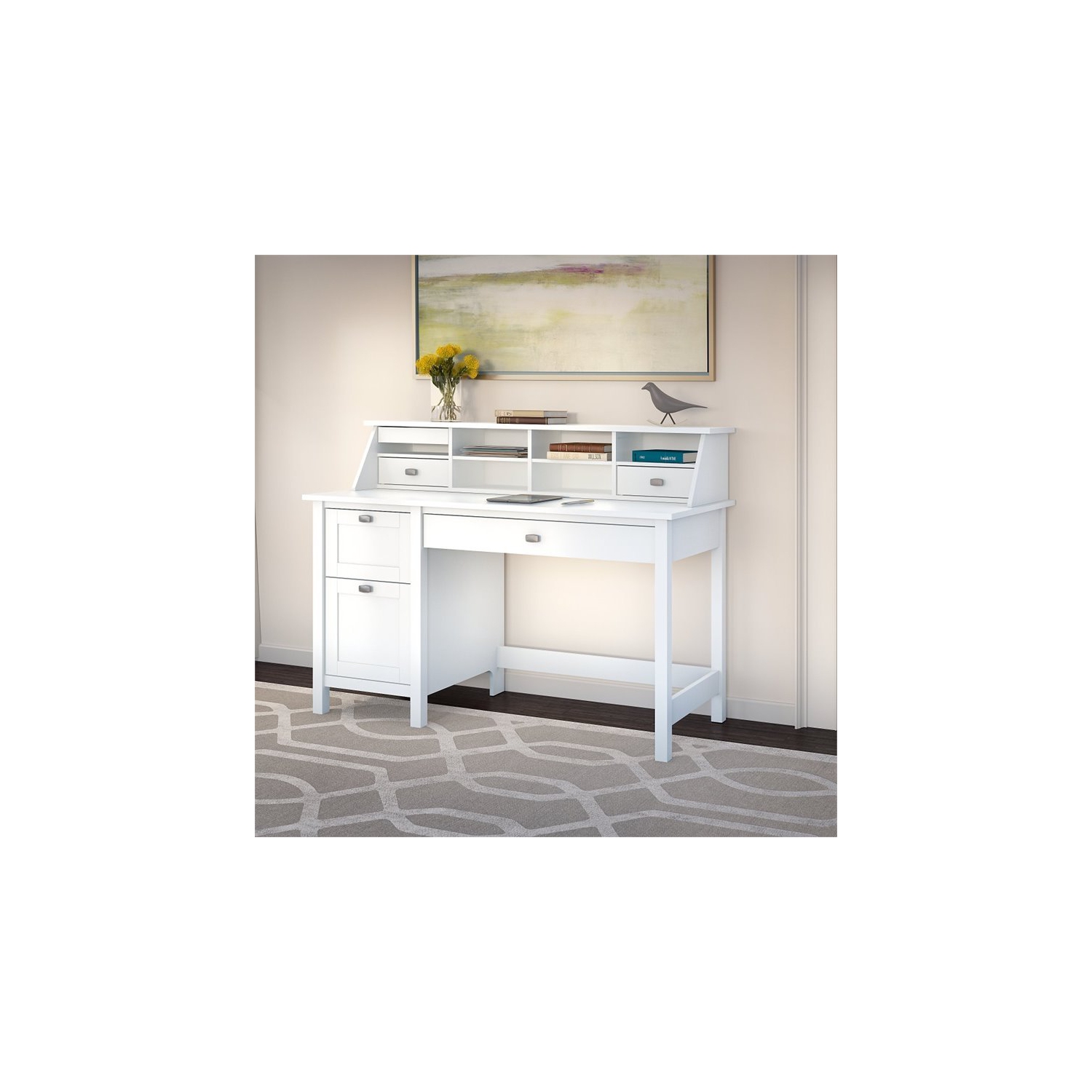 Bush Furniture Broadview Computer Desk with 2 Drawer Pedestal and Organizer in White