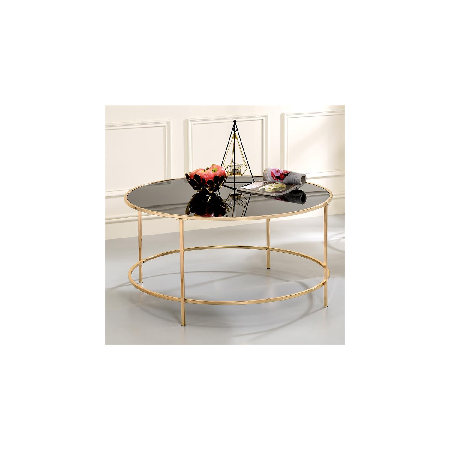 Bowery Hill Contemporary Glass Top Round Coffee Table in Gold