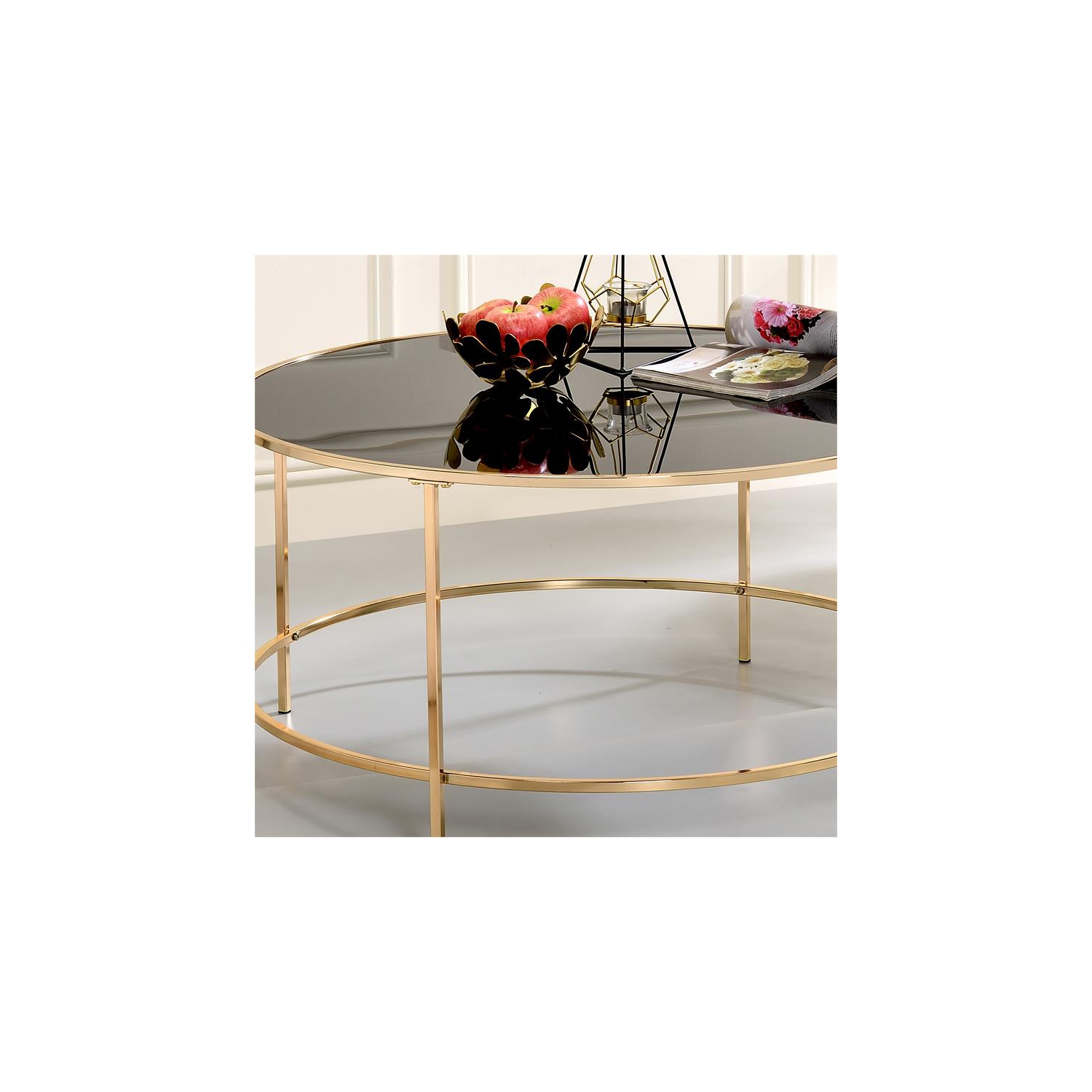 Bowery Hill Contemporary Glass Top Round Coffee Table in Gold