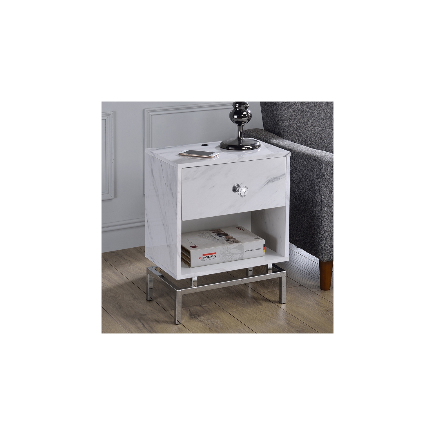 Bowery Hill Contemporary Wood 1-Drawer End Table in White Marble