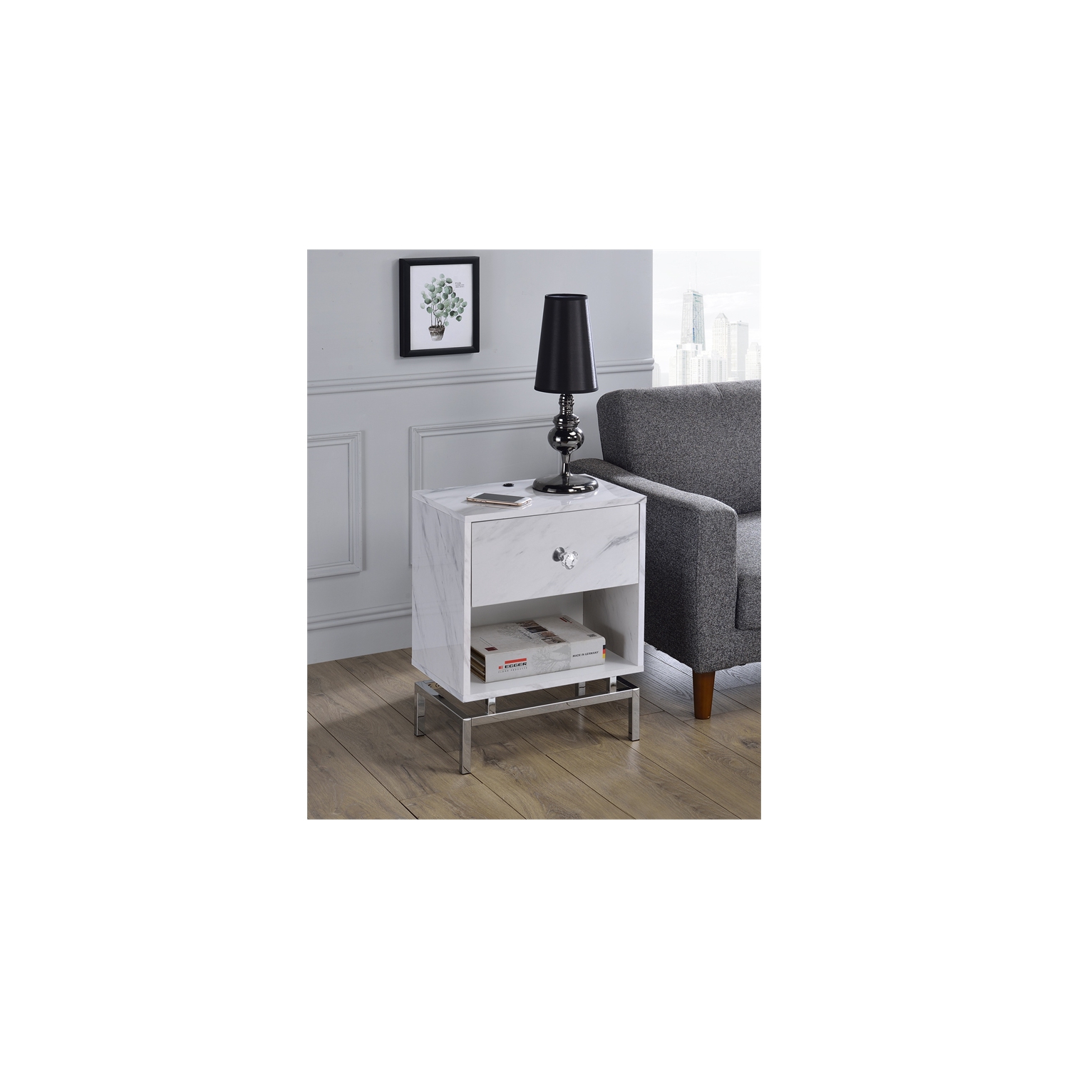 Bowery Hill Contemporary Wood 1-Drawer End Table in White Marble