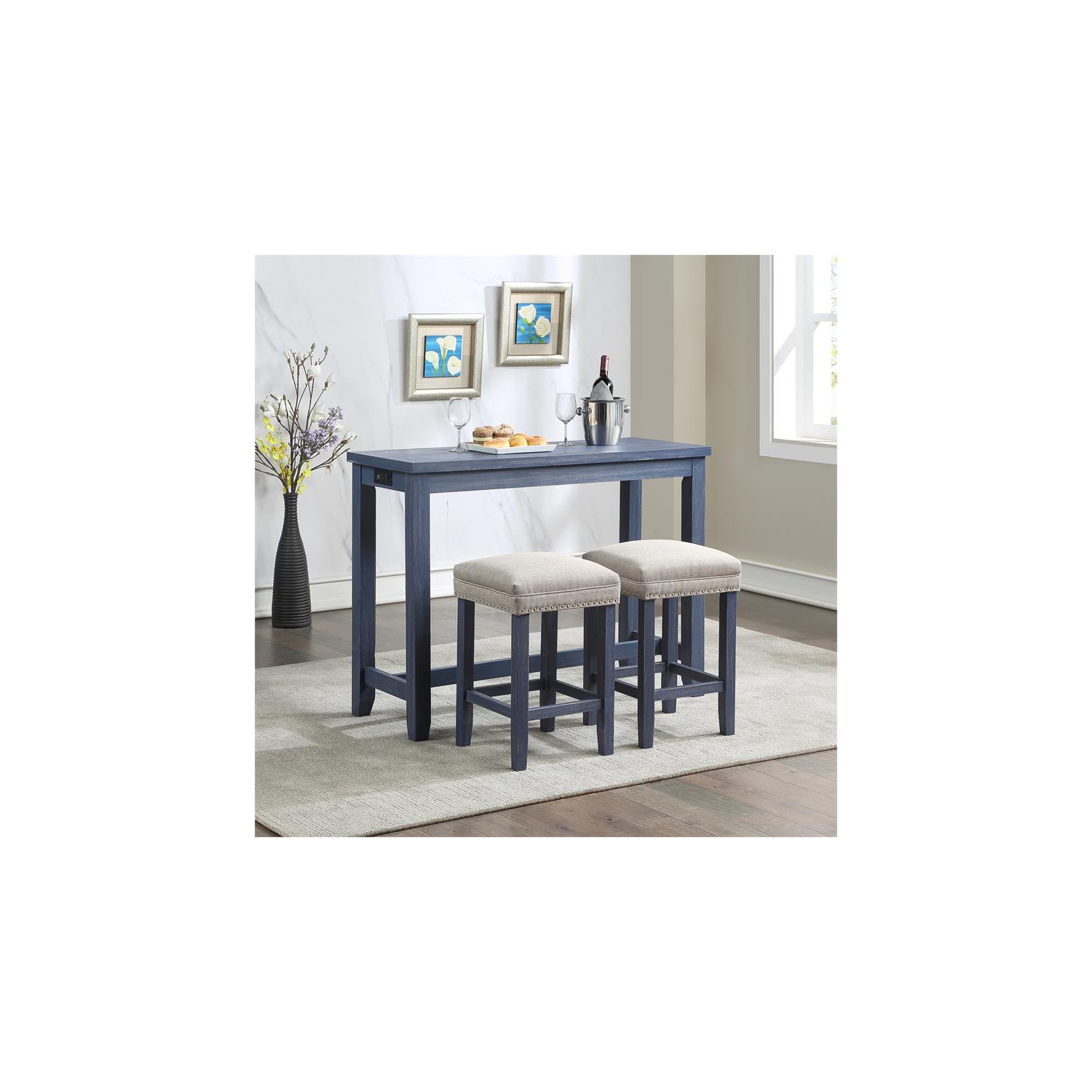 Bowery Hill Transitional Wood 3-Piece Counter Height Dining Set in Blue