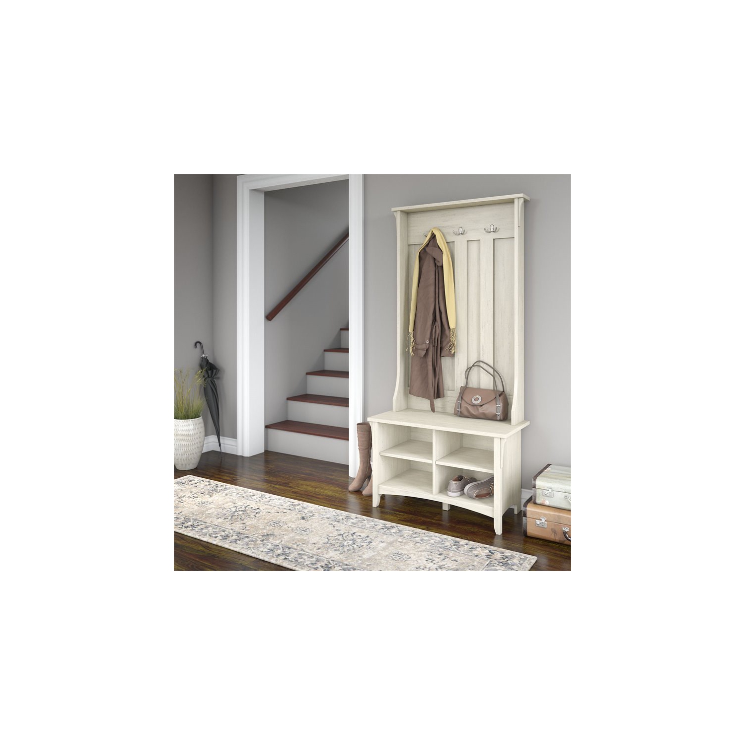 Bowery Hill Furniture Salinas Hall Tree with Storage Bench in Antique White