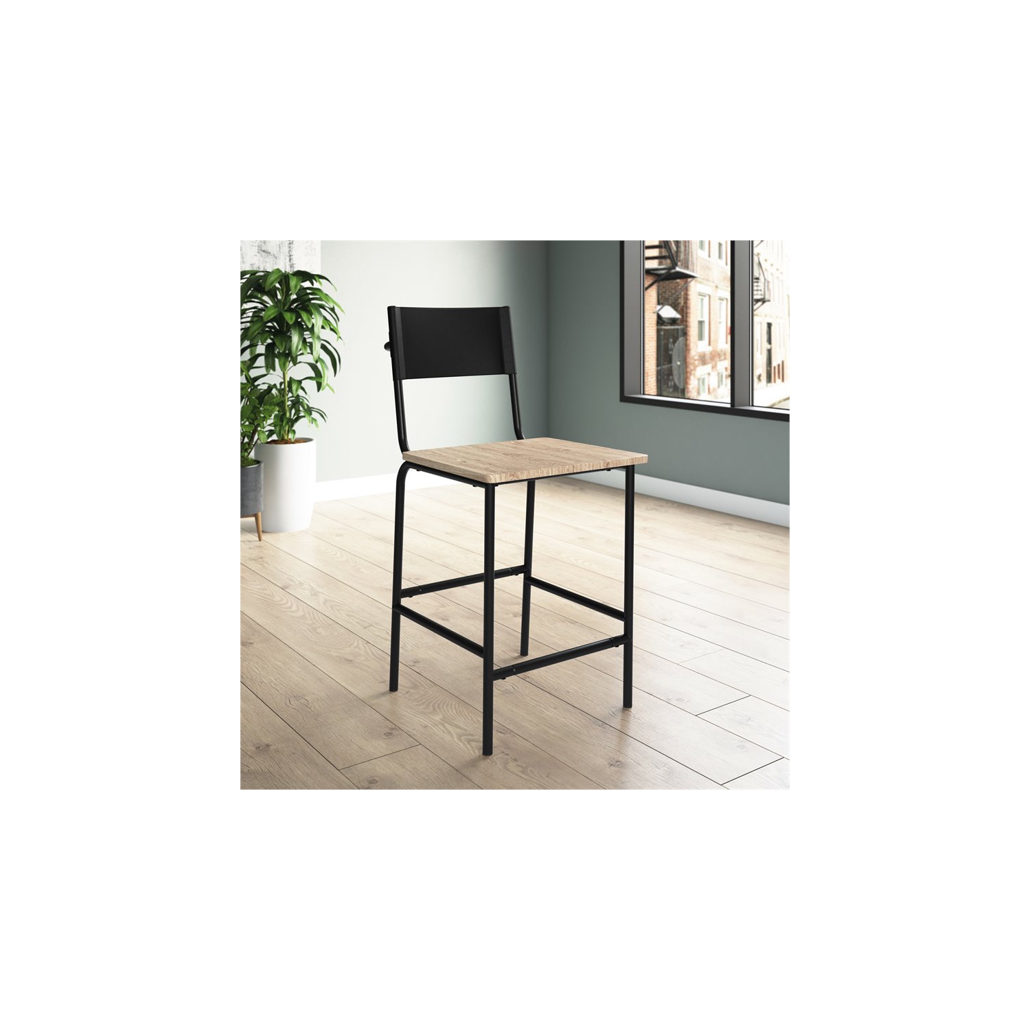 Pemberly Row Mid-Century Faux Leather Back Counter Stool in Black