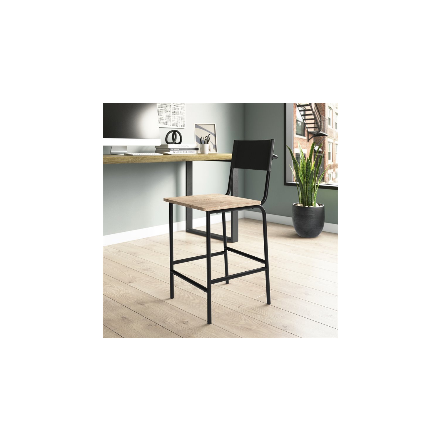 Pemberly Row Mid-Century Faux Leather Back Counter Stool in Black