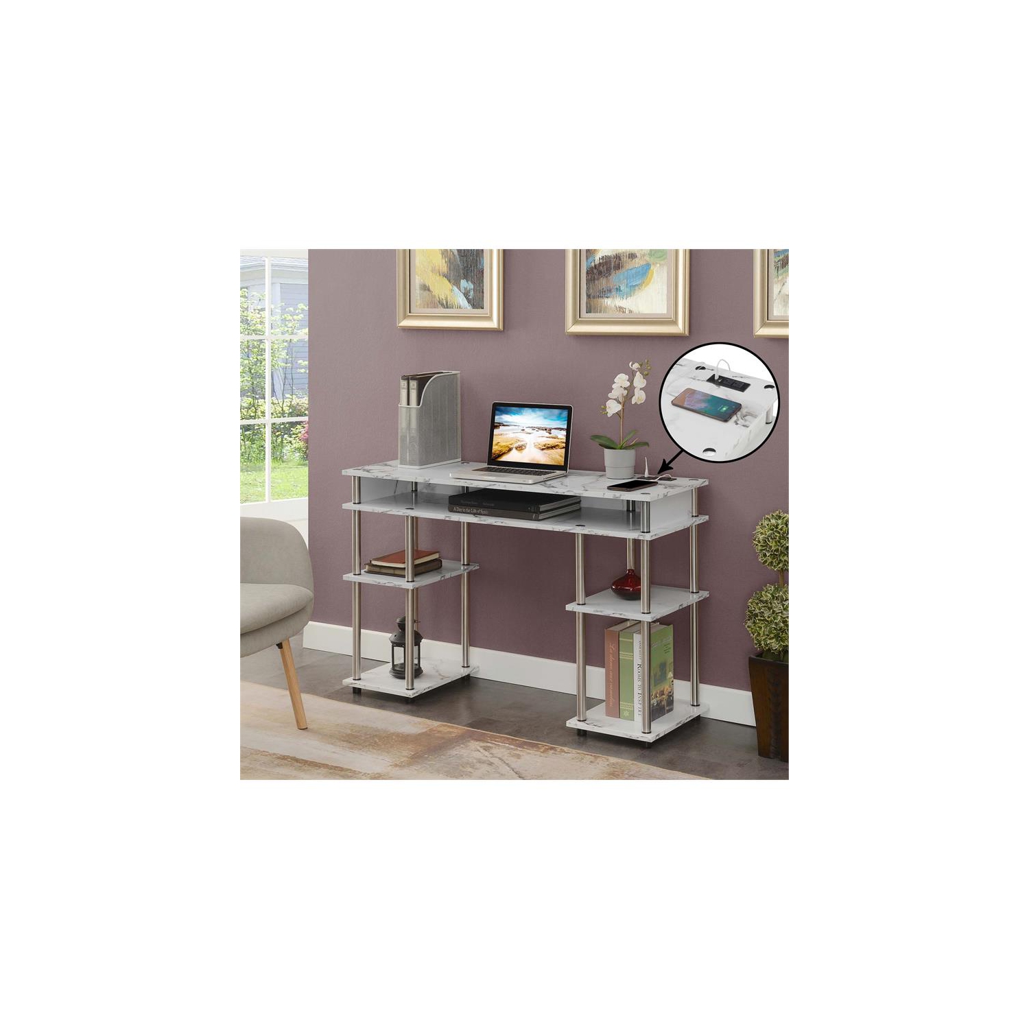 Pemberly Row Student Desk with Charging Station White Faux Marble Wood