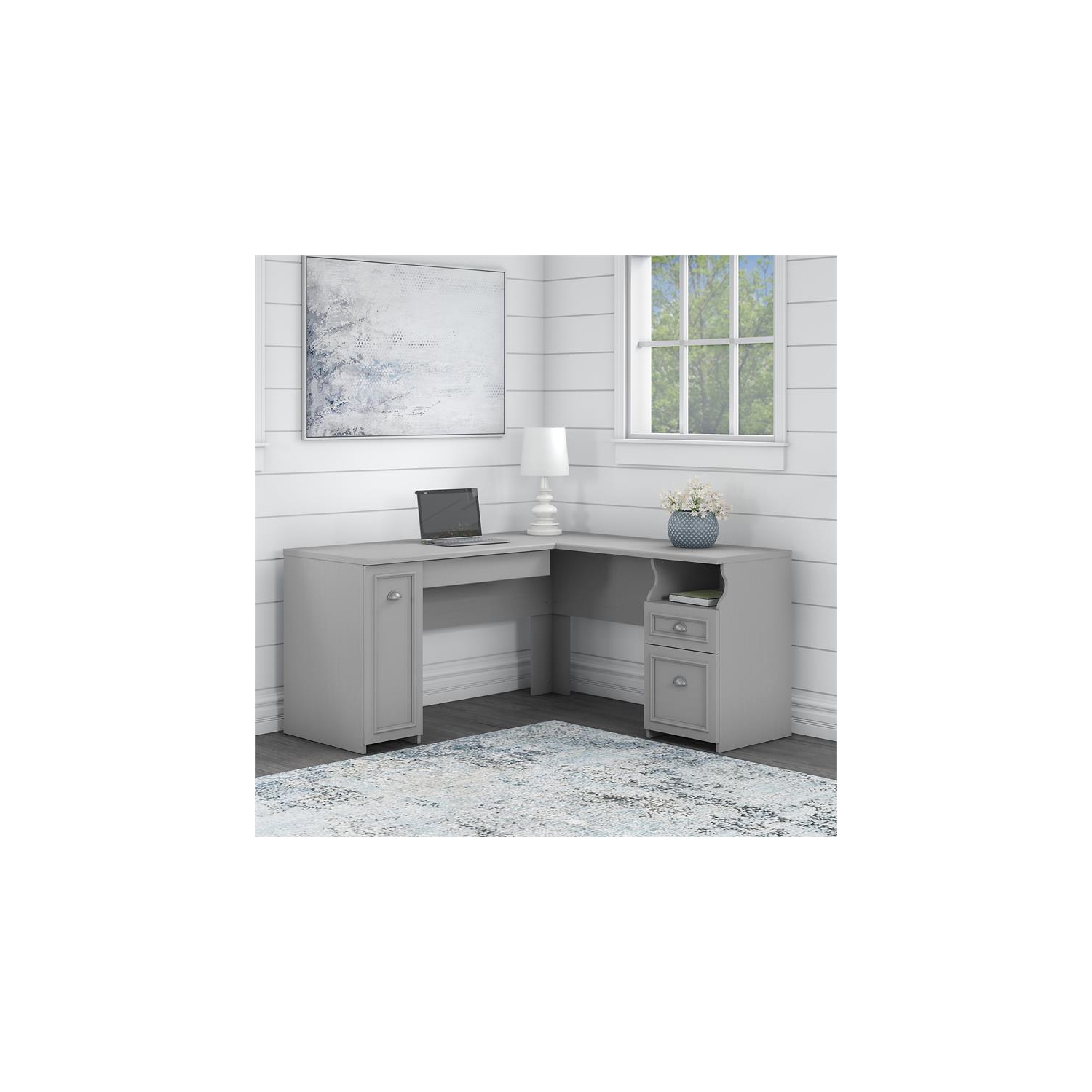 Scranton & Co Furniture Fairview 60W L Shaped Desk with Storage in Cape Cod Gray