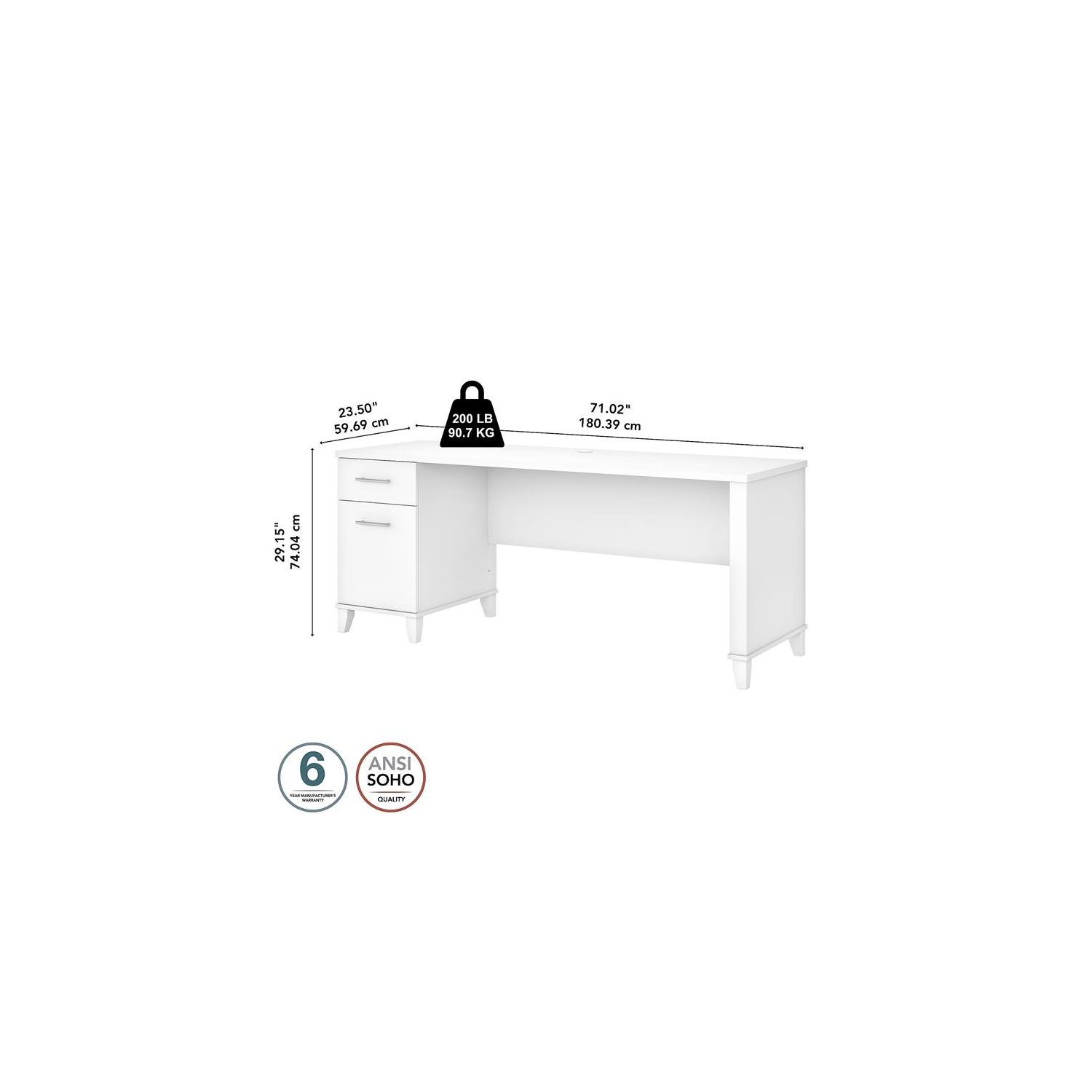 Somerset 72W Office Desk with Drawers in White - Engineered Wood