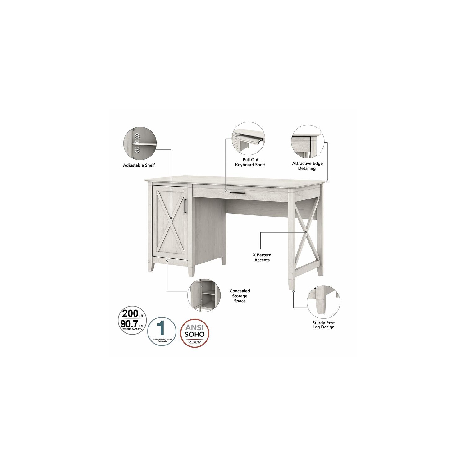 Key West 54W Computer Desk with Storage in Linen White Oak - Engineered Wood