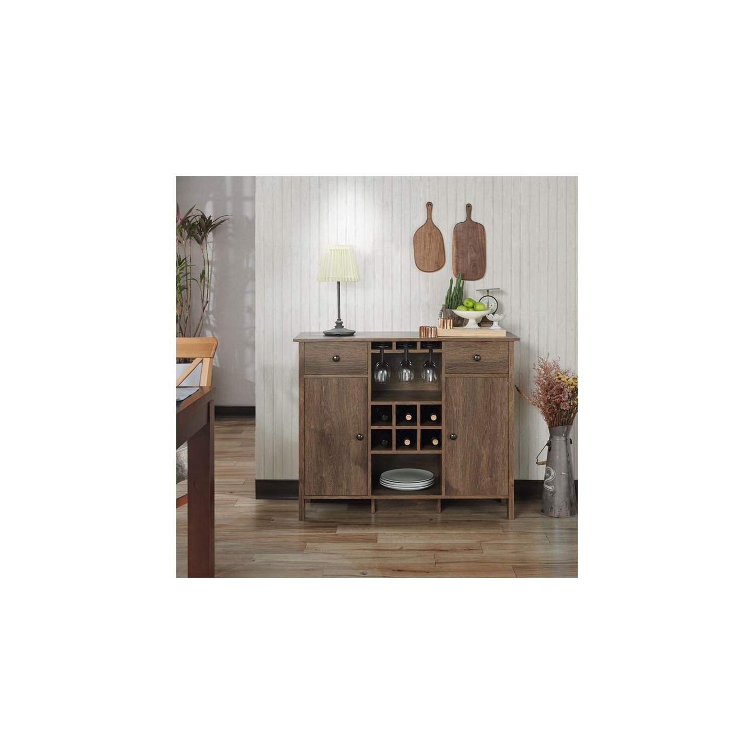 Bowery Hill Farmhouse Wood Multi-Storage Buffet in Distressed Walnut