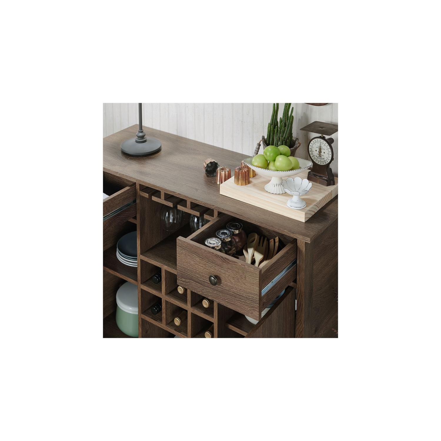 Bowery Hill Farmhouse Wood Multi-Storage Buffet in Distressed Walnut