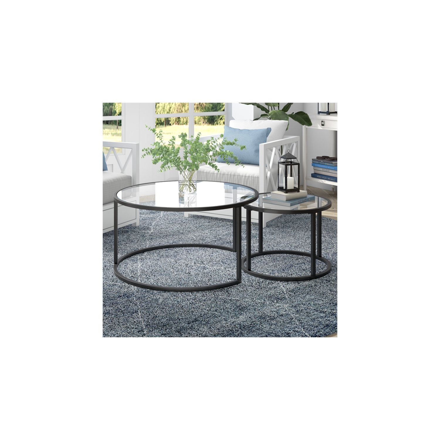 Henn&Hart Metal Double Nested Round Coffee Table in Black with Glass Top