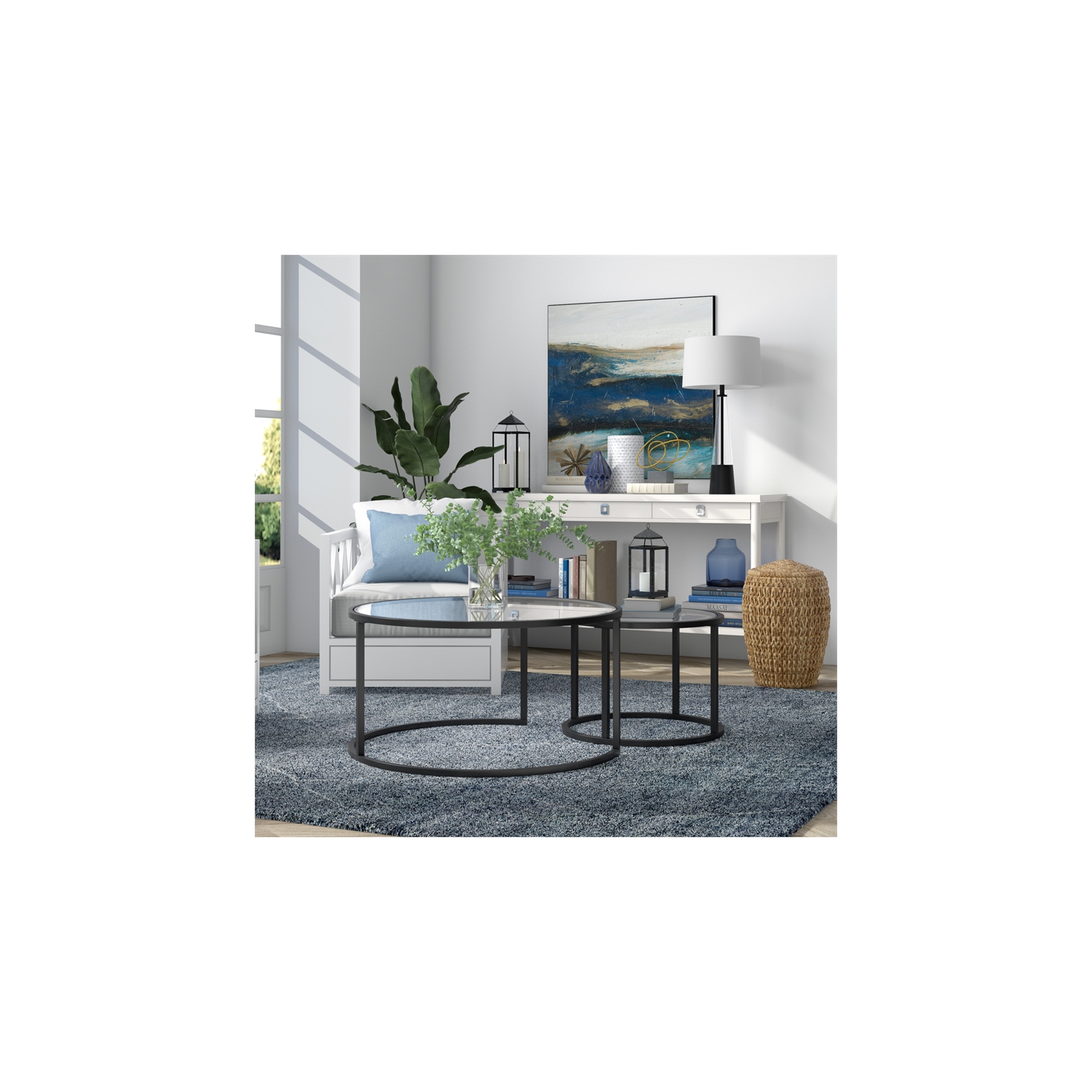 Henn&Hart Metal Double Nested Round Coffee Table in Black with Glass Top