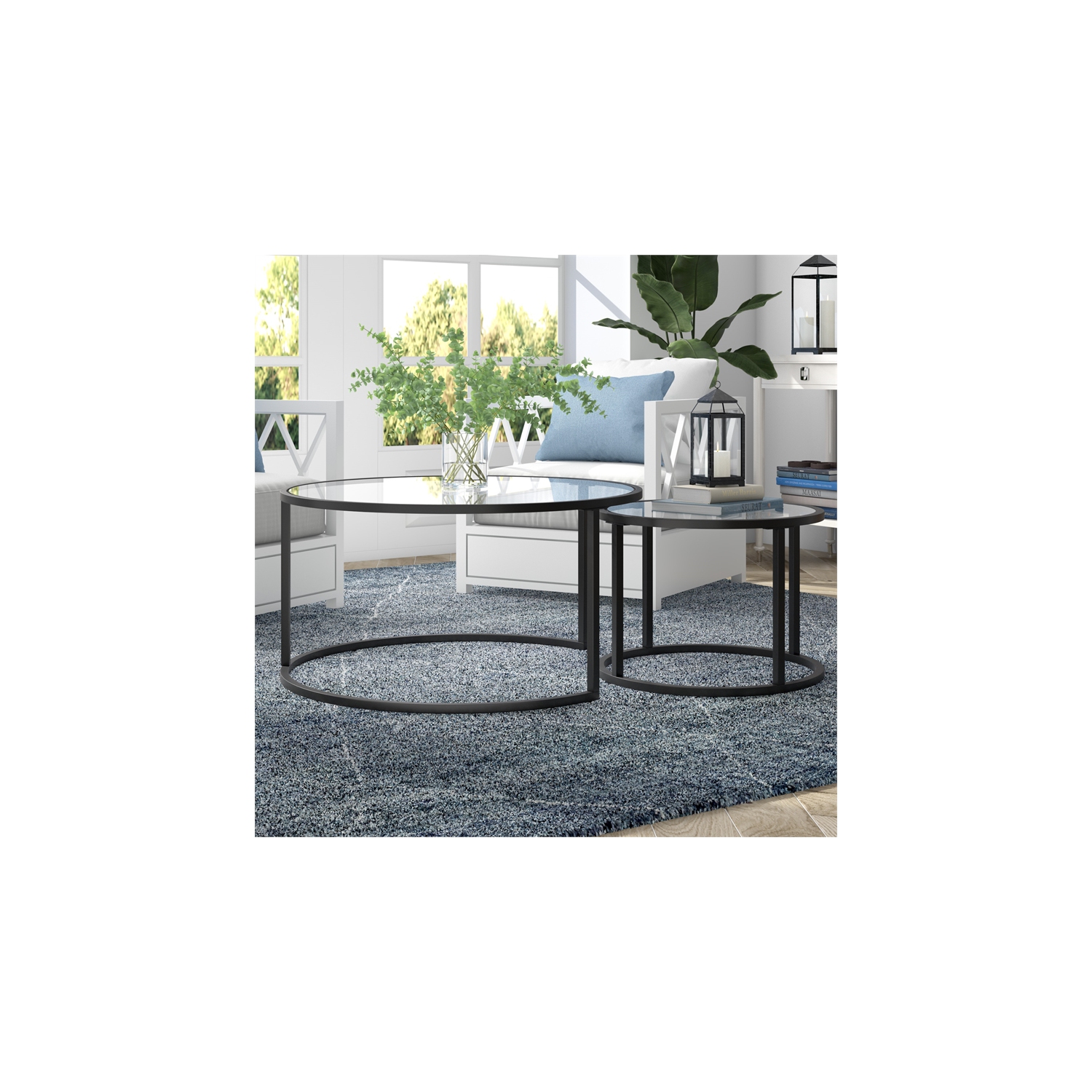 Henn&Hart Metal Double Nested Round Coffee Table in Black with Glass Top