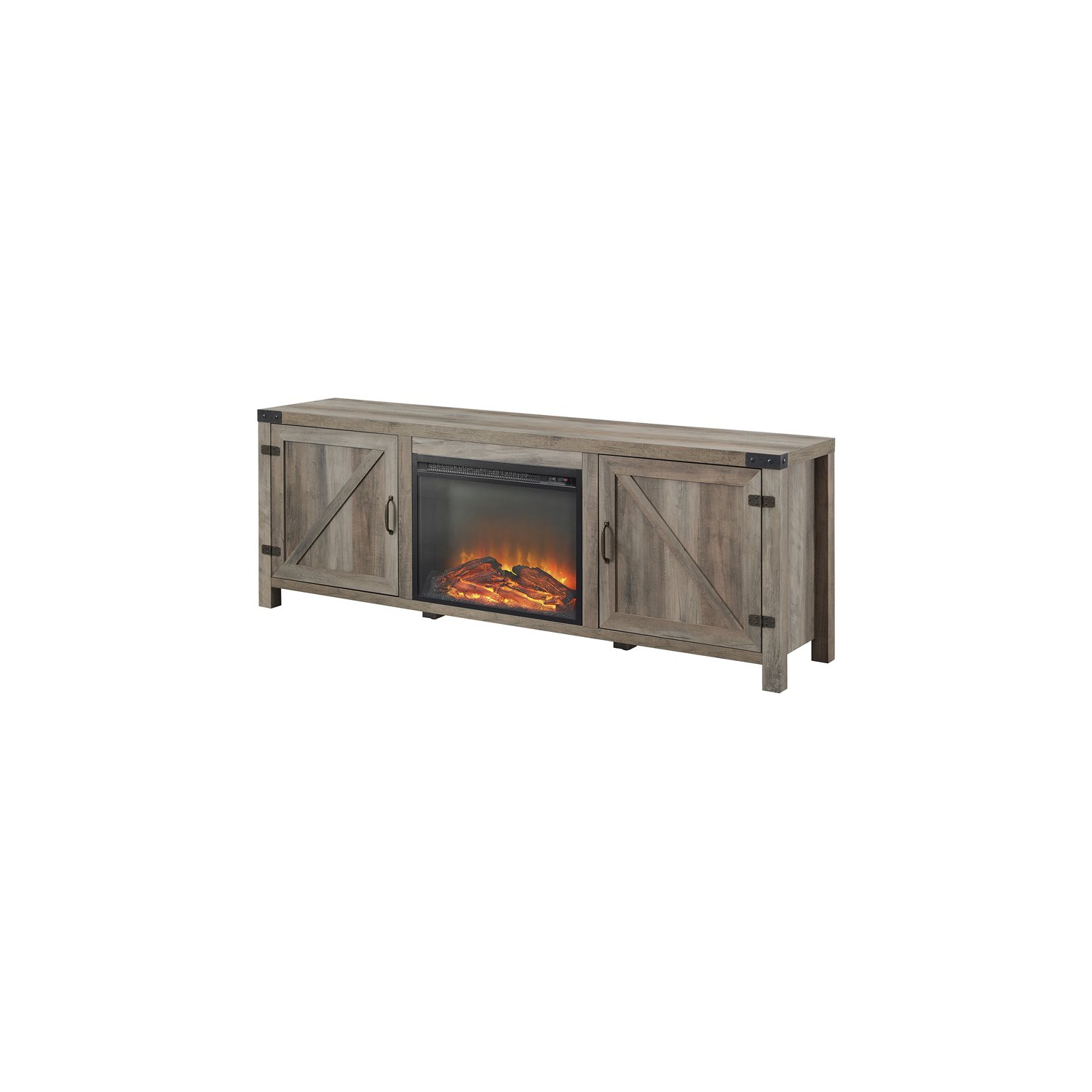 Farmhouse Barn Door Fireplace TV Stand for TVs up to 80" in Gray Wash