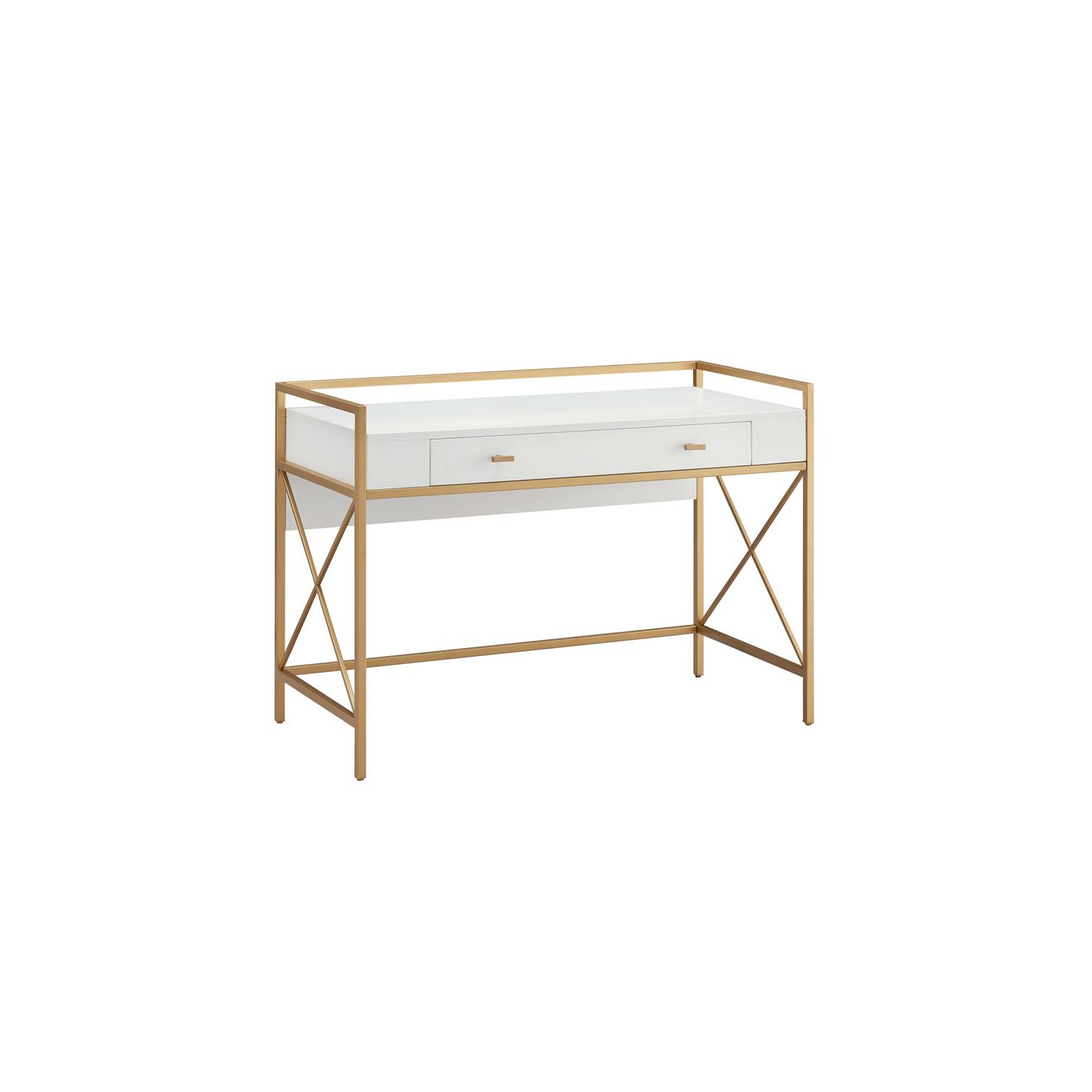 9240-WTGL Claudette Desk with Drop Front Keyboard Drawer in White/Satin Gold