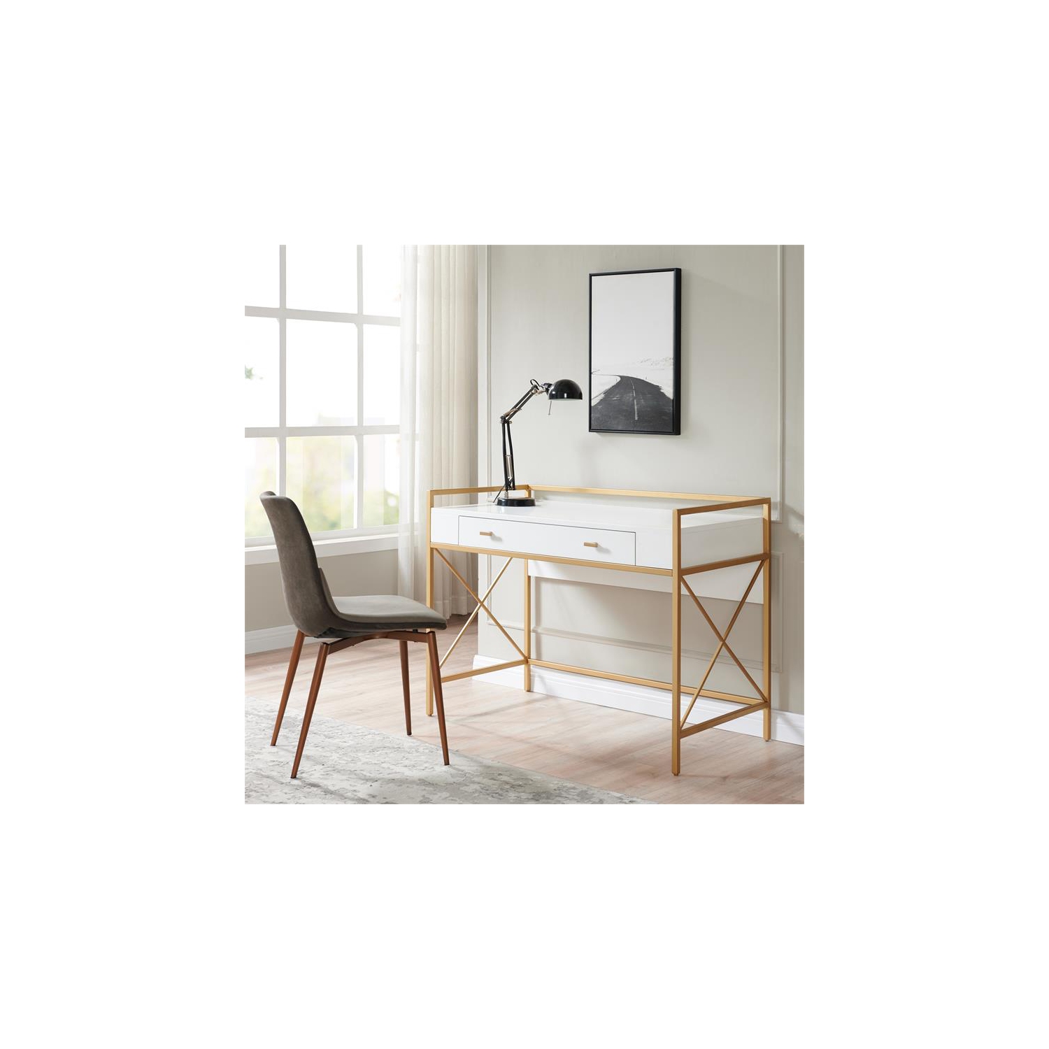 9240-WTGL Claudette Desk with Drop Front Keyboard Drawer in White/Satin Gold