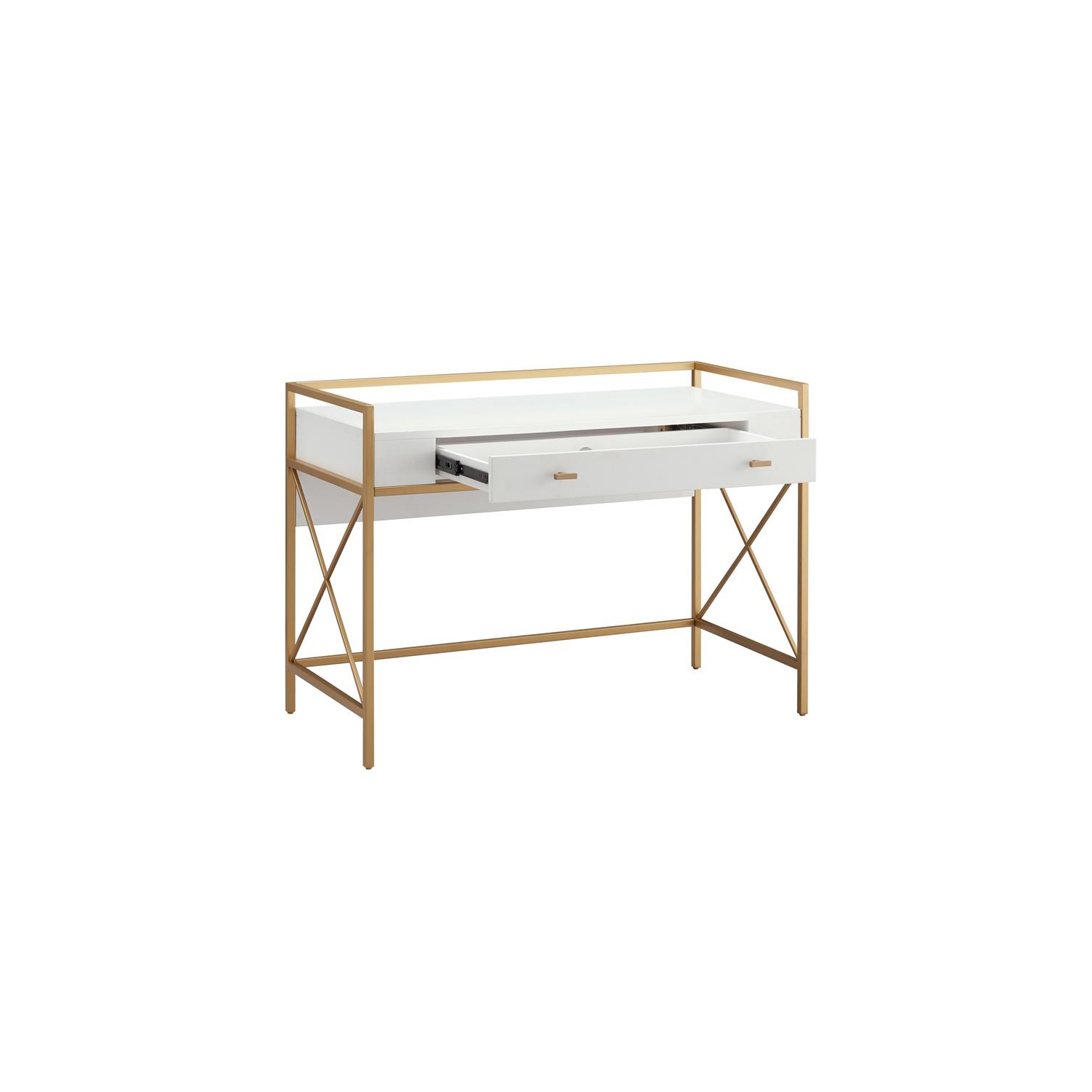 9240-WTGL Claudette Desk with Drop Front Keyboard Drawer in White/Satin Gold