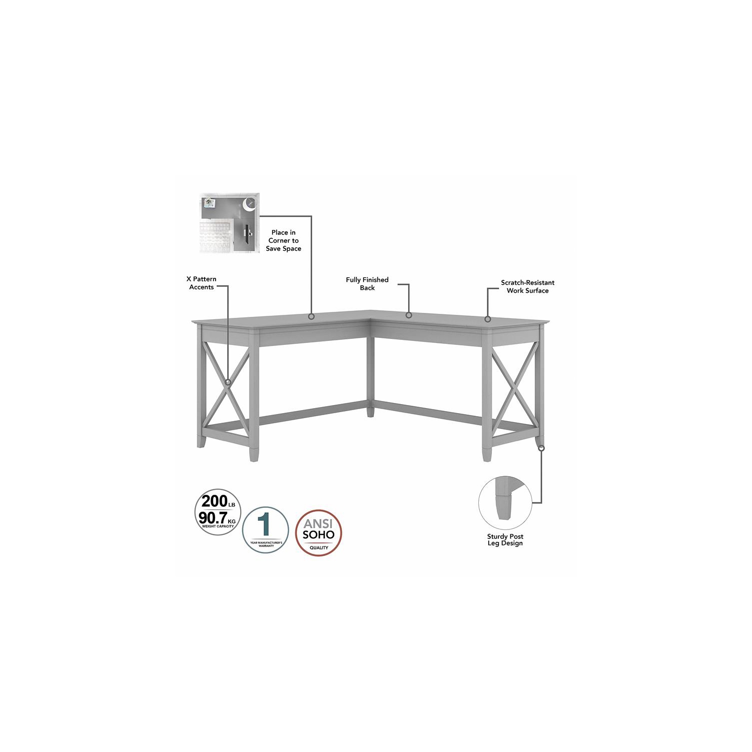 Key West 60W L Shaped Desk in Cape Cod Gray - Engineered Wood