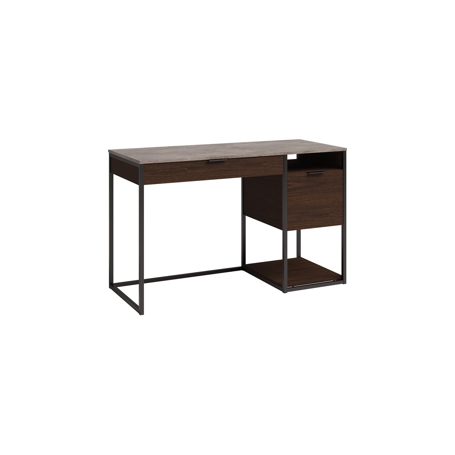 Sauder International Lux Single Pedestal Desk in Umber Wood/Deco Stone accent