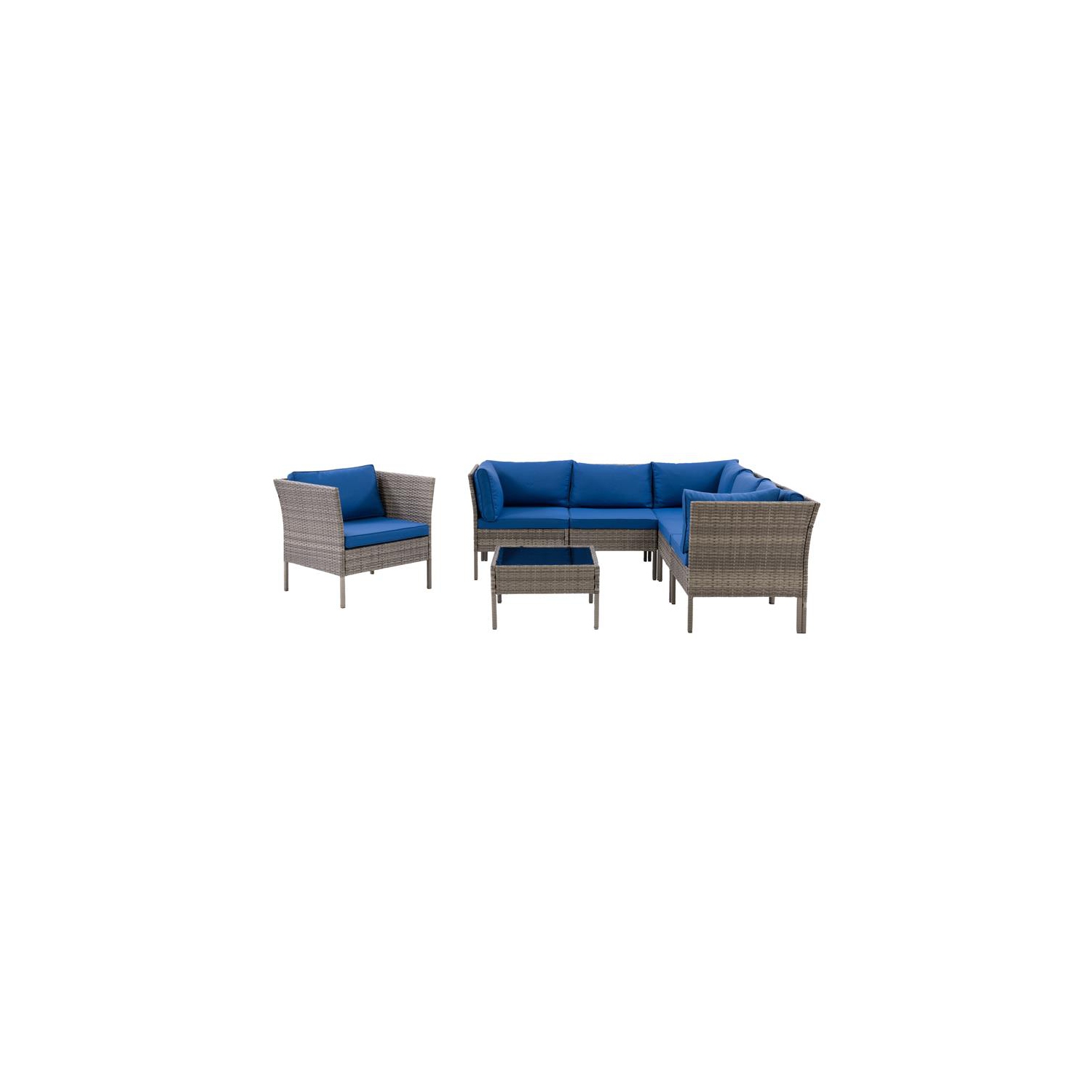 CorLiving 7pc Patio Sectional Set with Chair - Blended Grey with Blue Cushions