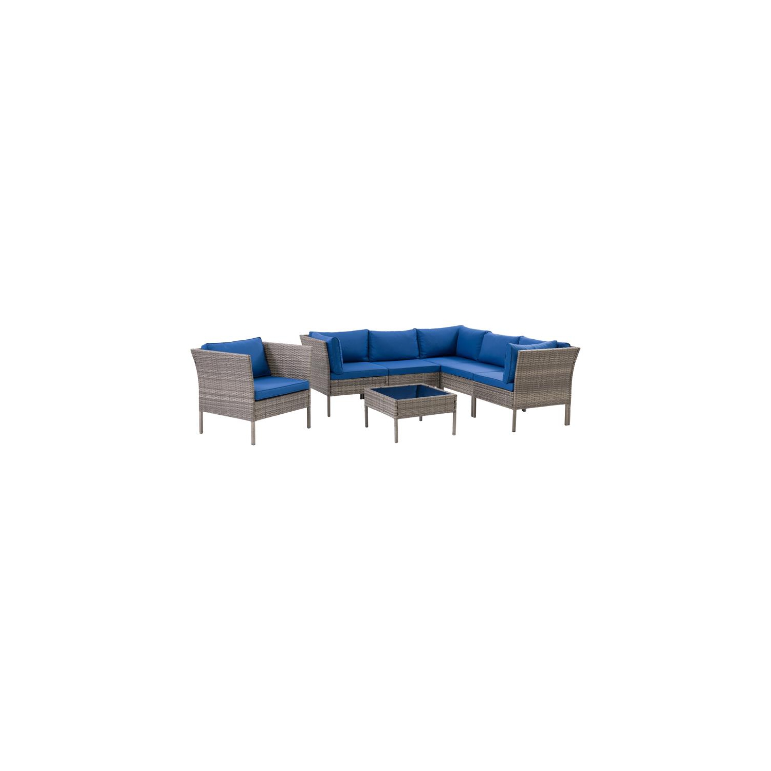 CorLiving 7pc Patio Sectional Set with Chair - Blended Grey with Blue Cushions