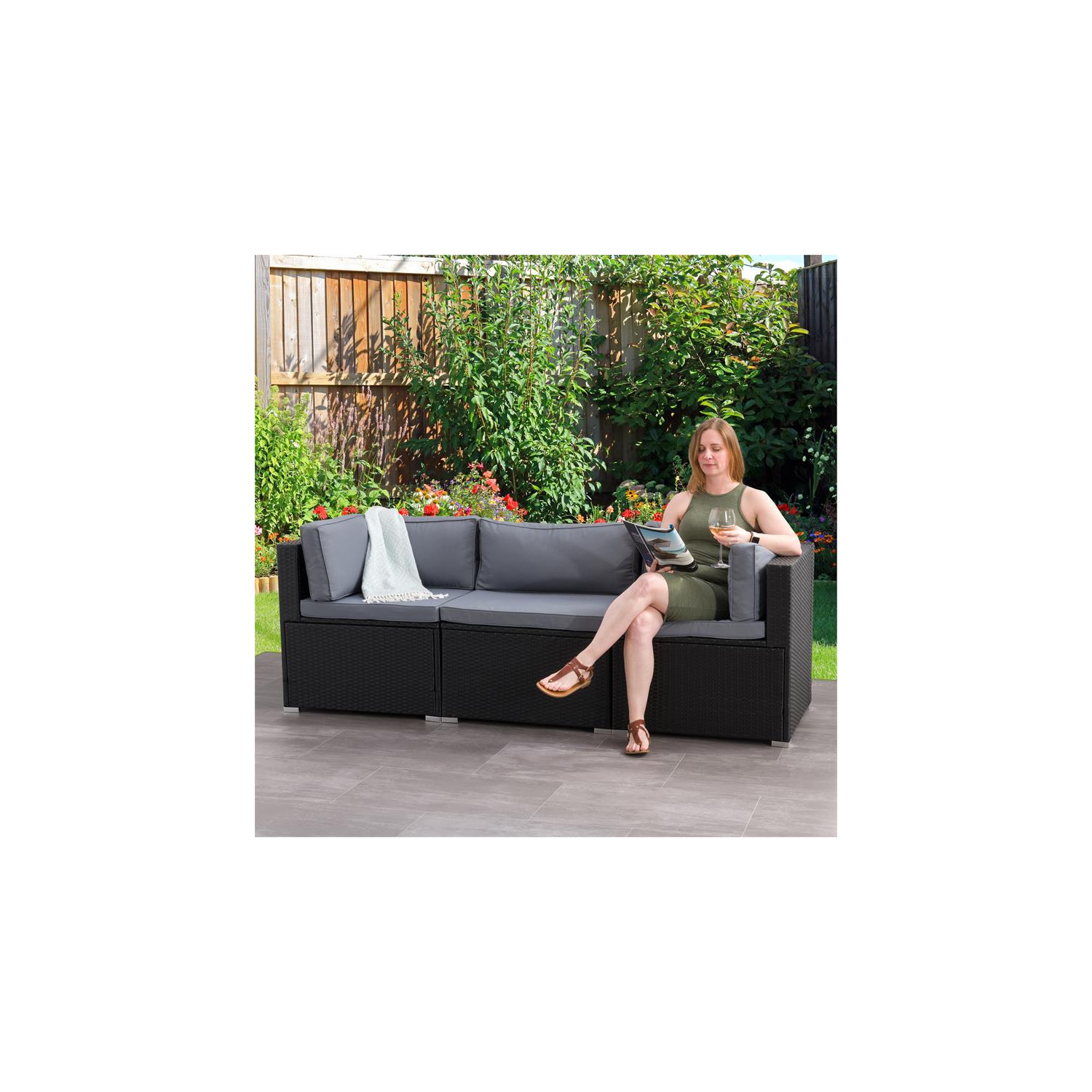 CorLiving Patio Sectional Set 3pc - Black with Gray Fabric Cushions