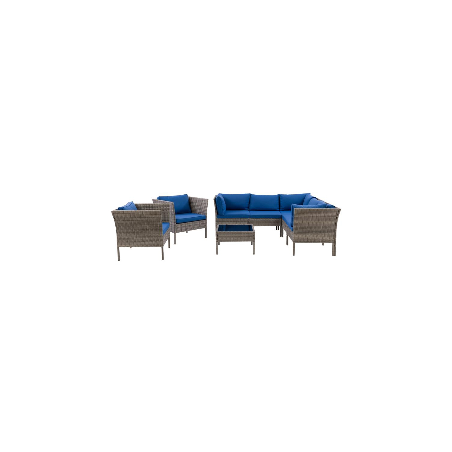 CorLiving 8pc Patio Sectional Set with 2 Chairs-Blended Grey with Blue Cushions