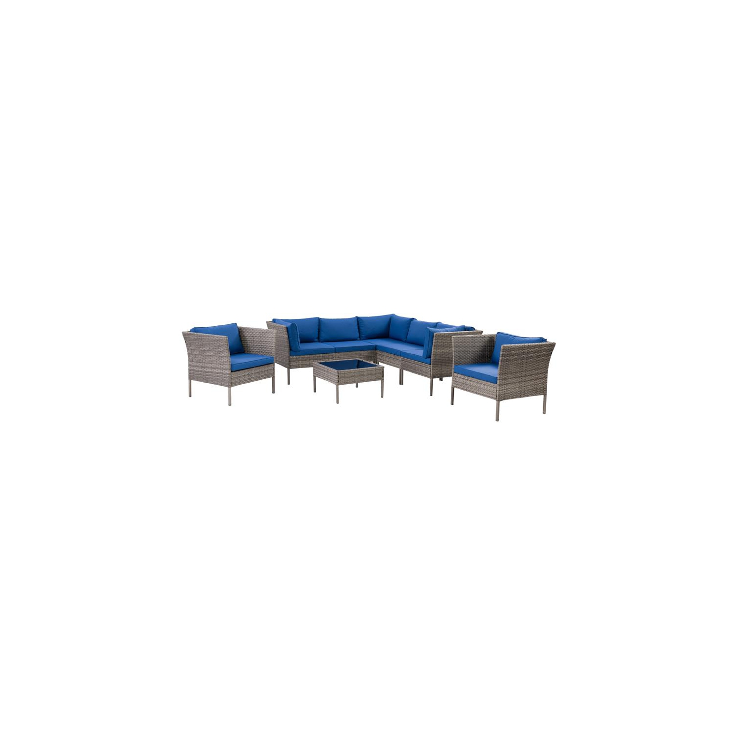 CorLiving 8pc Patio Sectional Set with 2 Chairs-Blended Grey with Blue Cushions