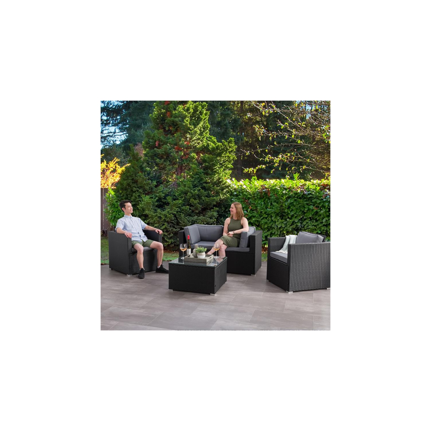 CorLiving Patio Sofa Sectional Set 5pc - Black with Gray Fabric Cushions