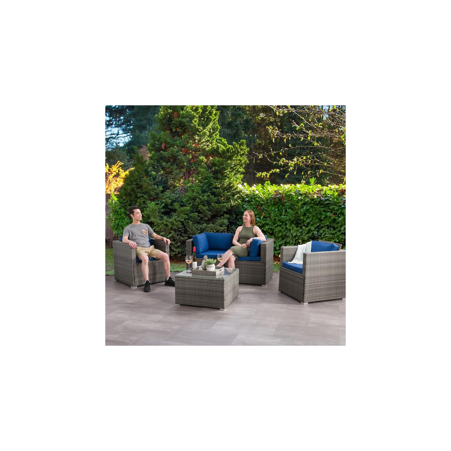 Ensemble de patio modulaire 5 pièces de CorLiving - Gris avec coussins en tissu bleu