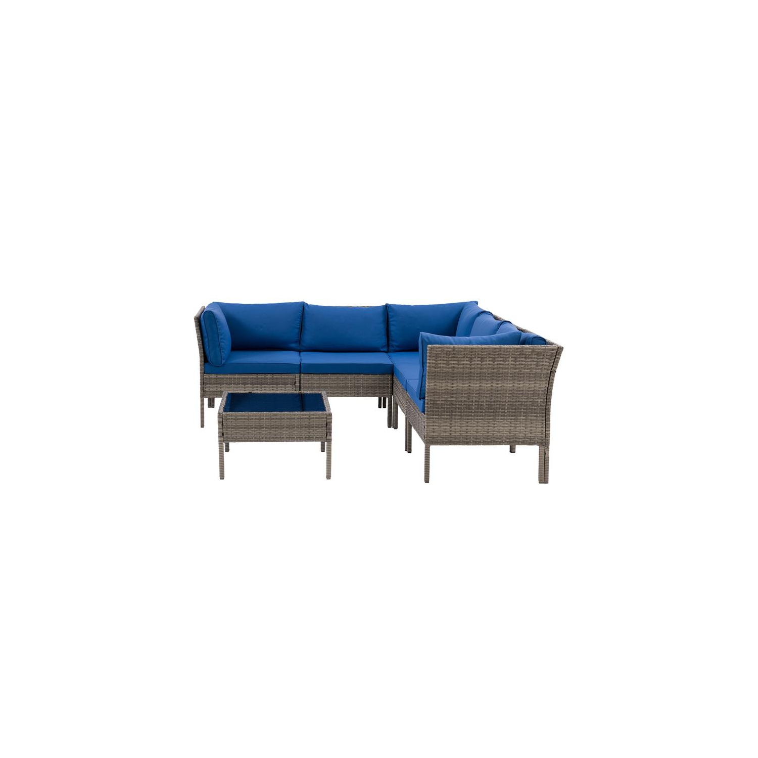 CorLiving Patio Sectional 6pc - Blended Grey with Blue Cushions