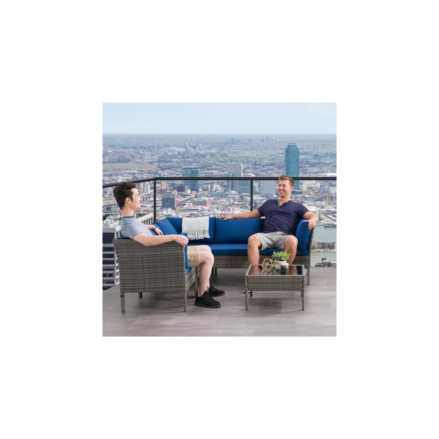 CorLiving Patio Sectional 6pc - Blended Grey with Blue Cushions