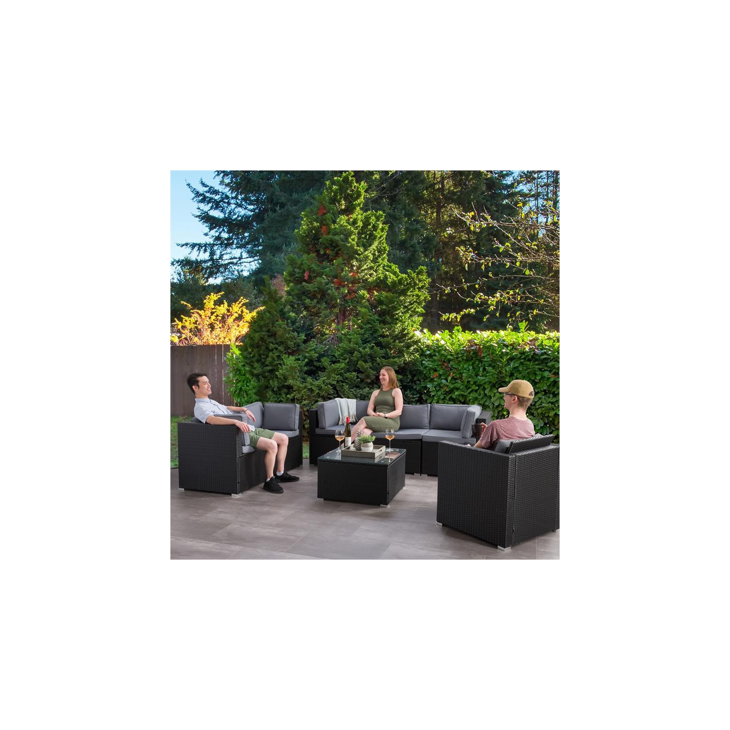 CorLiving Patio Sofa Sectional Set 7pc - Black with Gray Fabric Cushions
