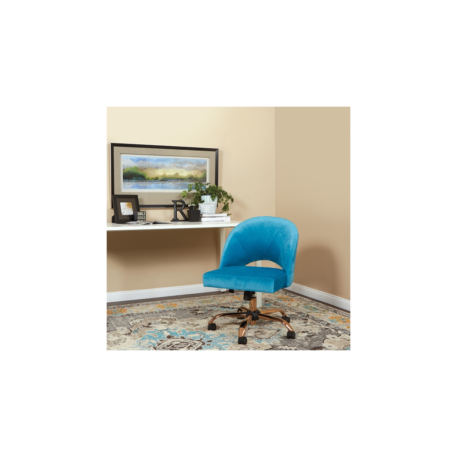 Lula Office Chair in Cruising Blue Fabric with Rose Gold Base