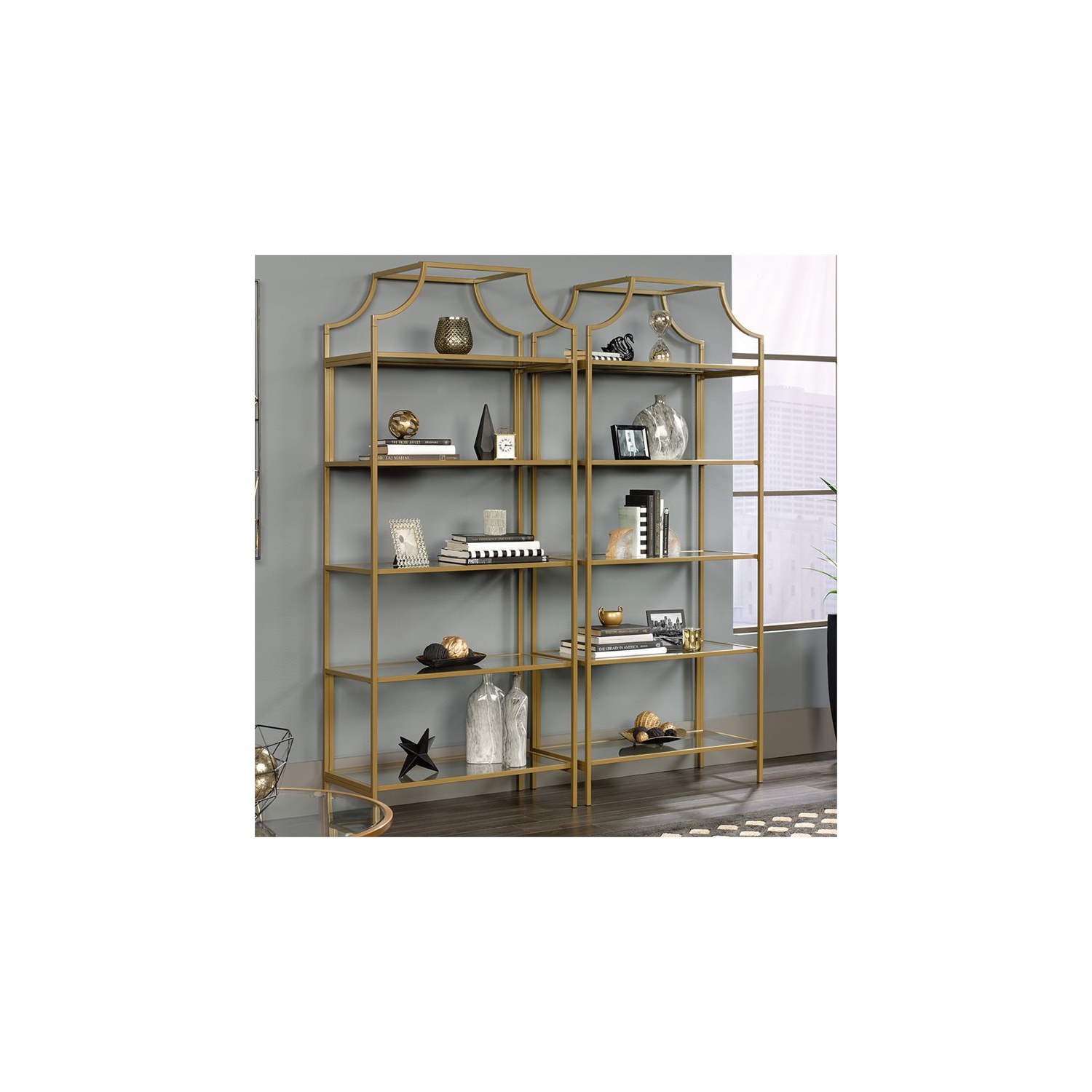 Pemberly Row Modern 5 Shelf Metal Bookcase in Satin Gold Finish