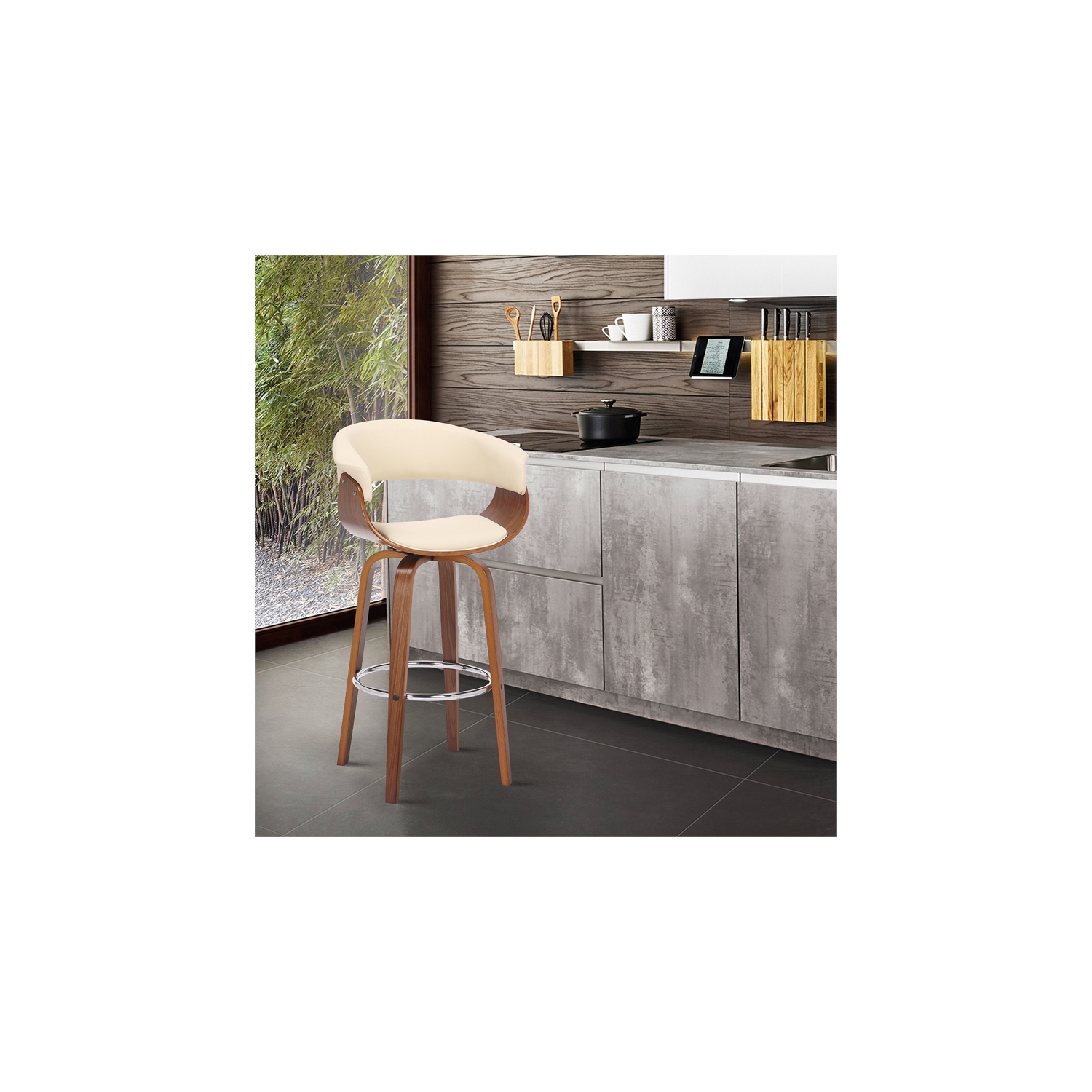 Julyssa 26" Counter Height Swivel Cream Faux Leather and Walnut Wood Bar Stool