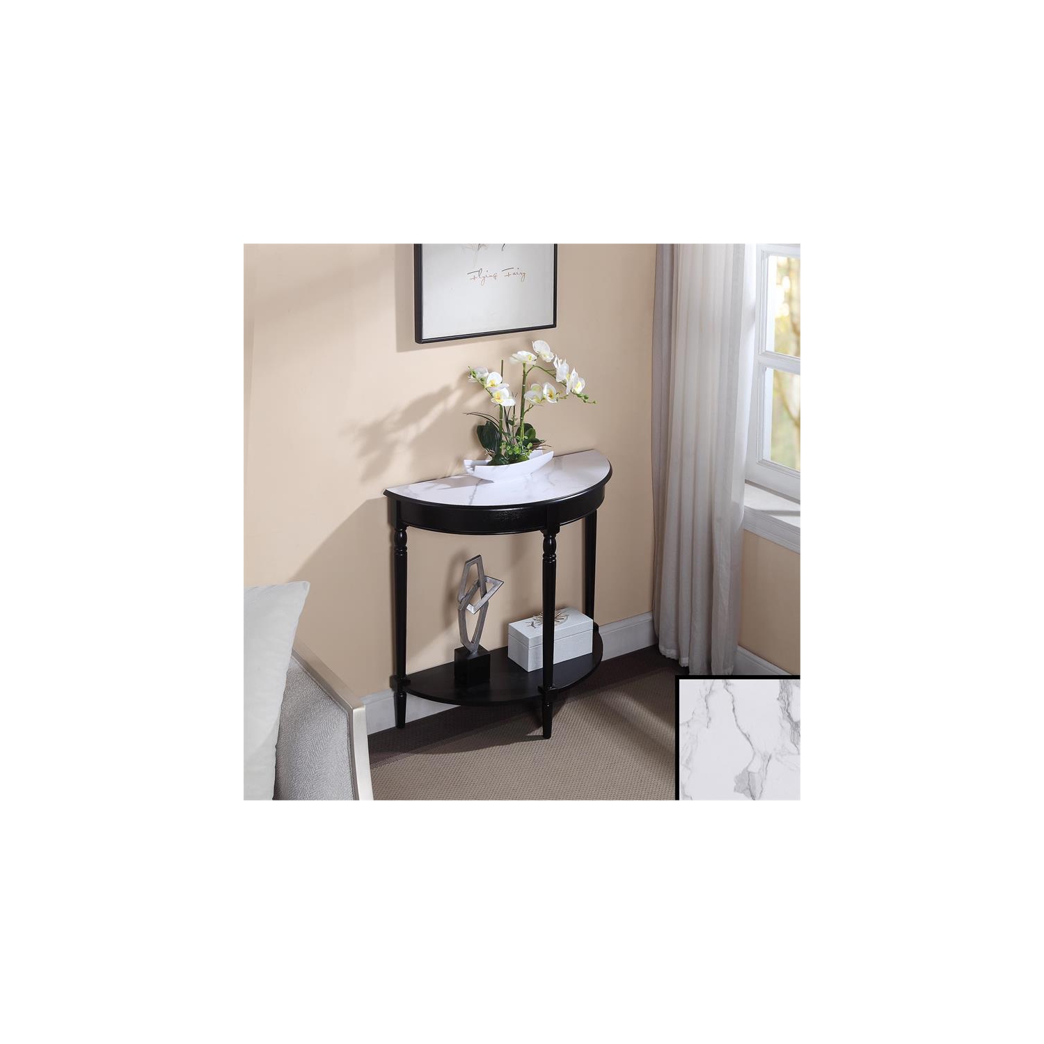 French Country Half-Round Entryway Table with Shelf in Black Wood Finish
