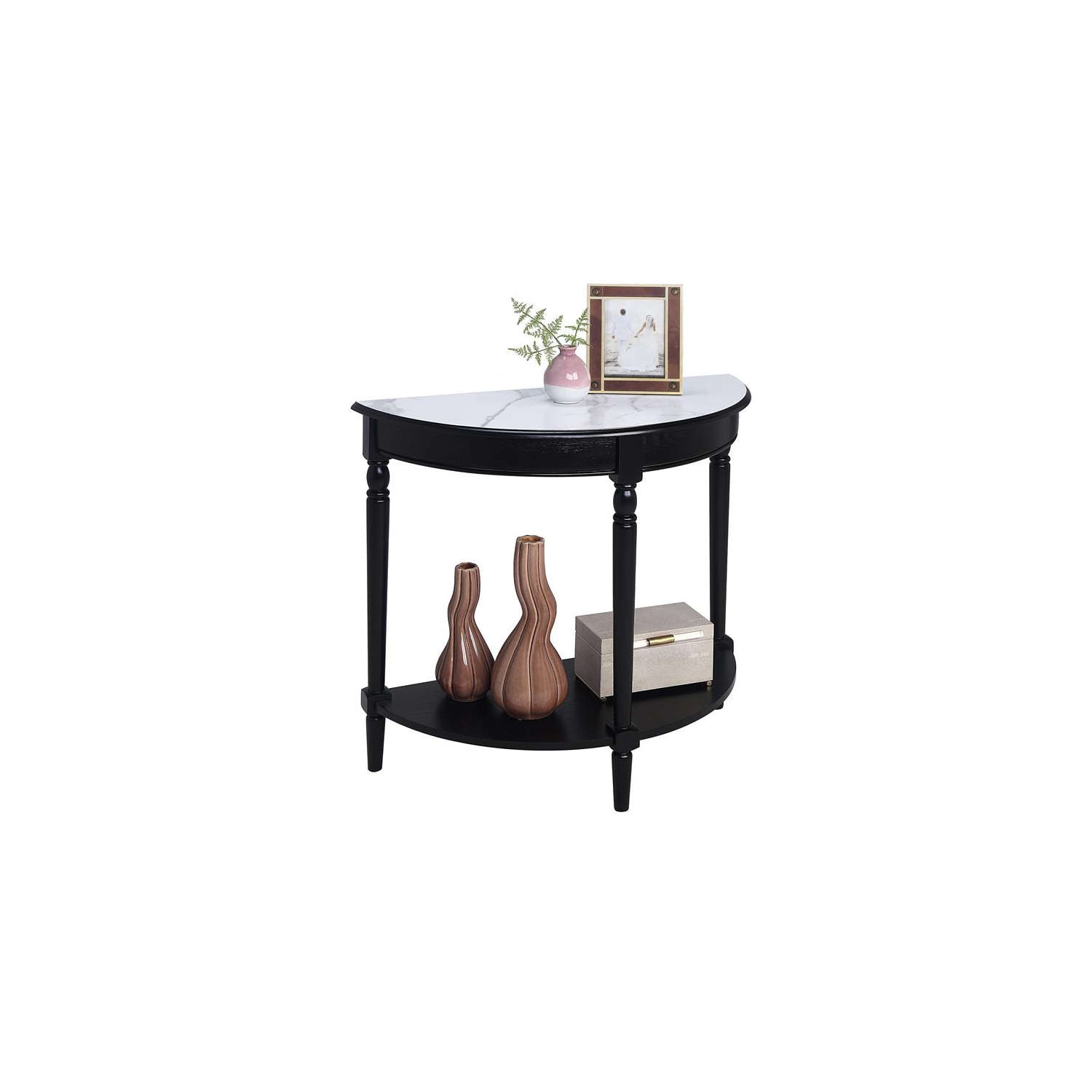French Country Half-Round Entryway Table with Shelf in Black Wood Finish