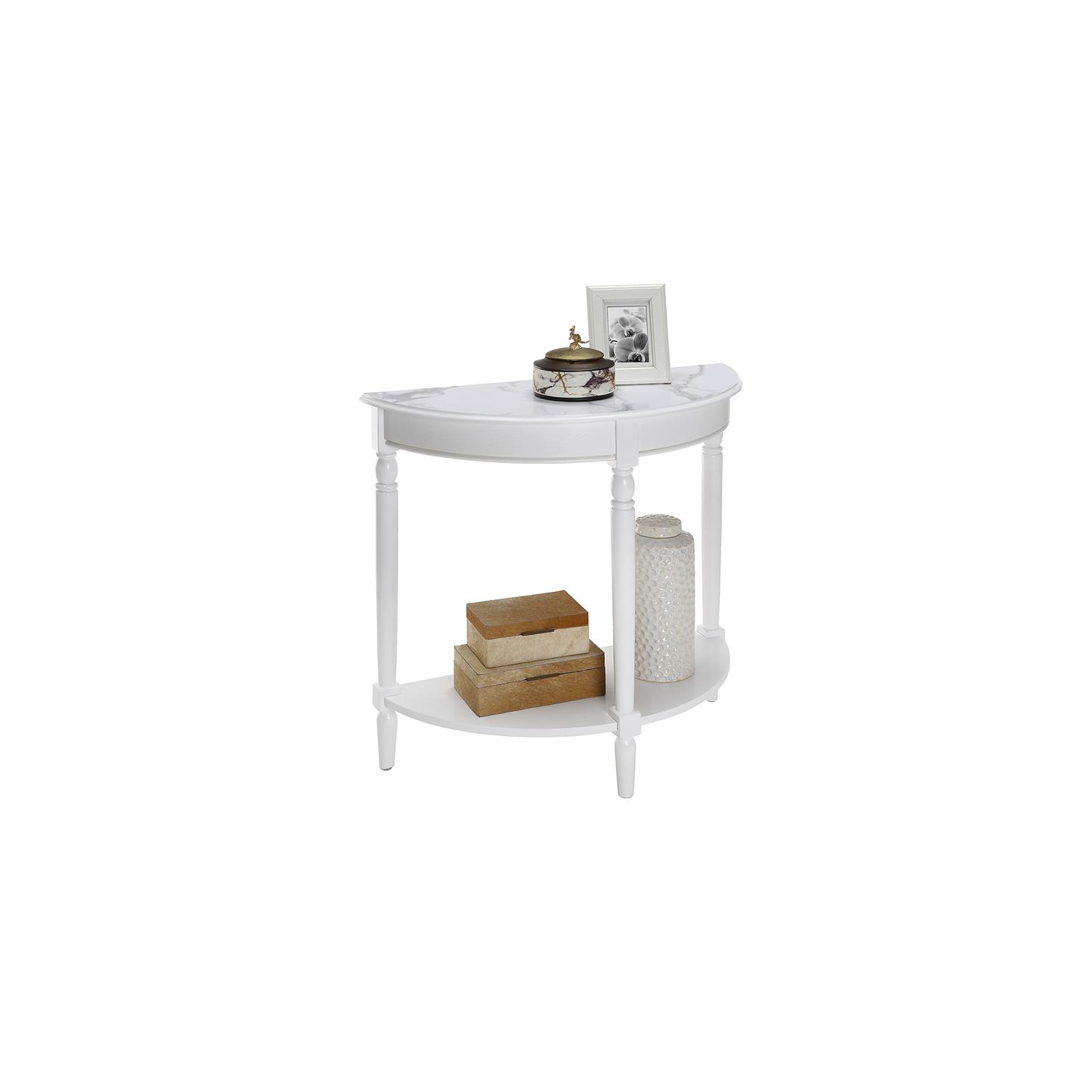 Table d’entrée demi-ronde avec tablette au fini bois blanc de French Country