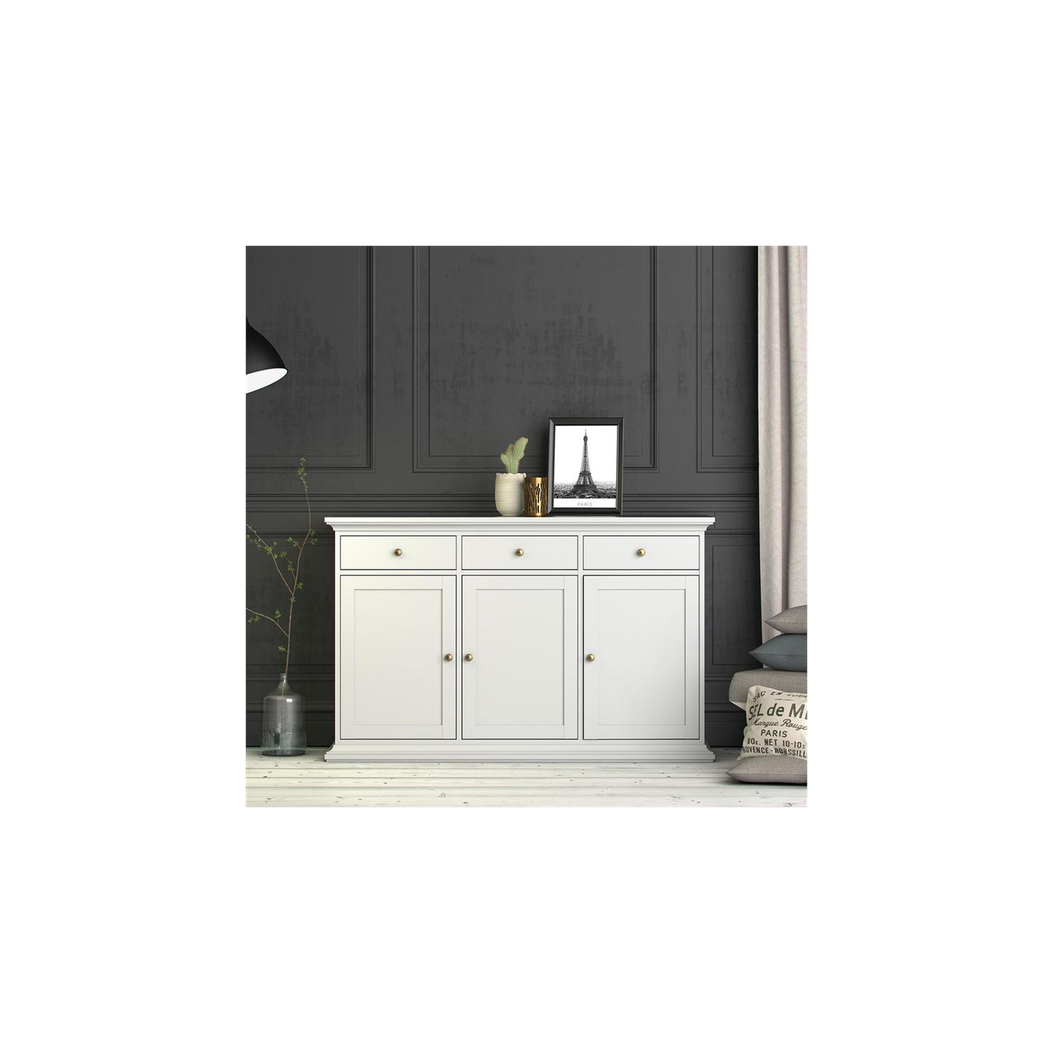 Pemberly Row Engineered Wood Sideboard with 3 Doors and 3 Drawers in White