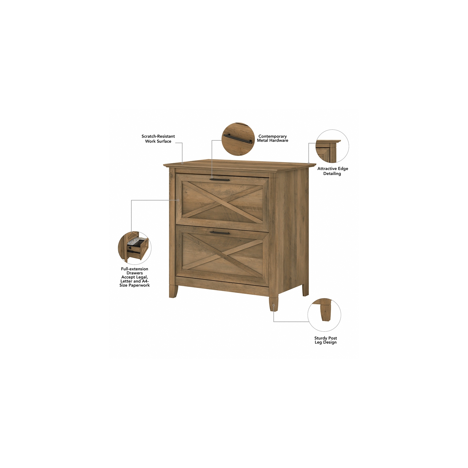 Classeur latéral à 2 tiroirs Key West en pin récupéré - bois d’ingénierie