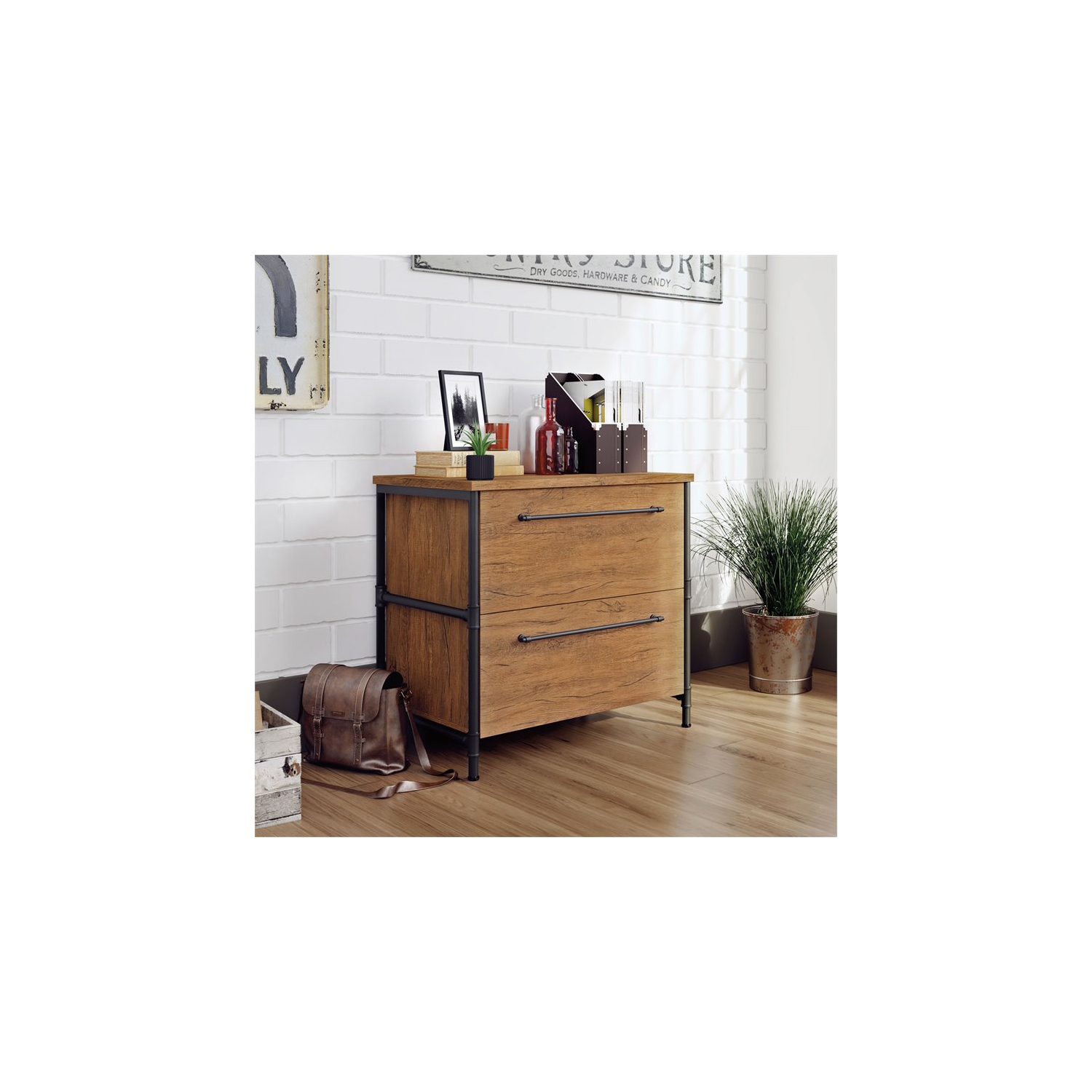 Sauder – Classeur latéral en bois à 2 tiroirs Iron City, chêne vérifié